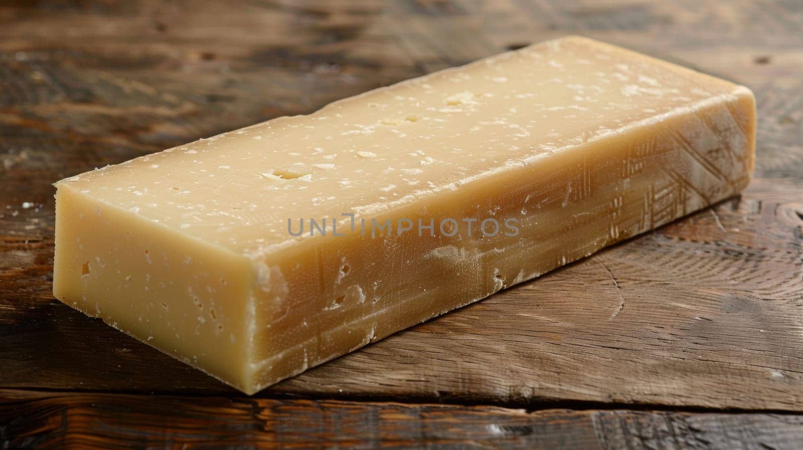 A large piece of cheese sitting on top of a wooden table