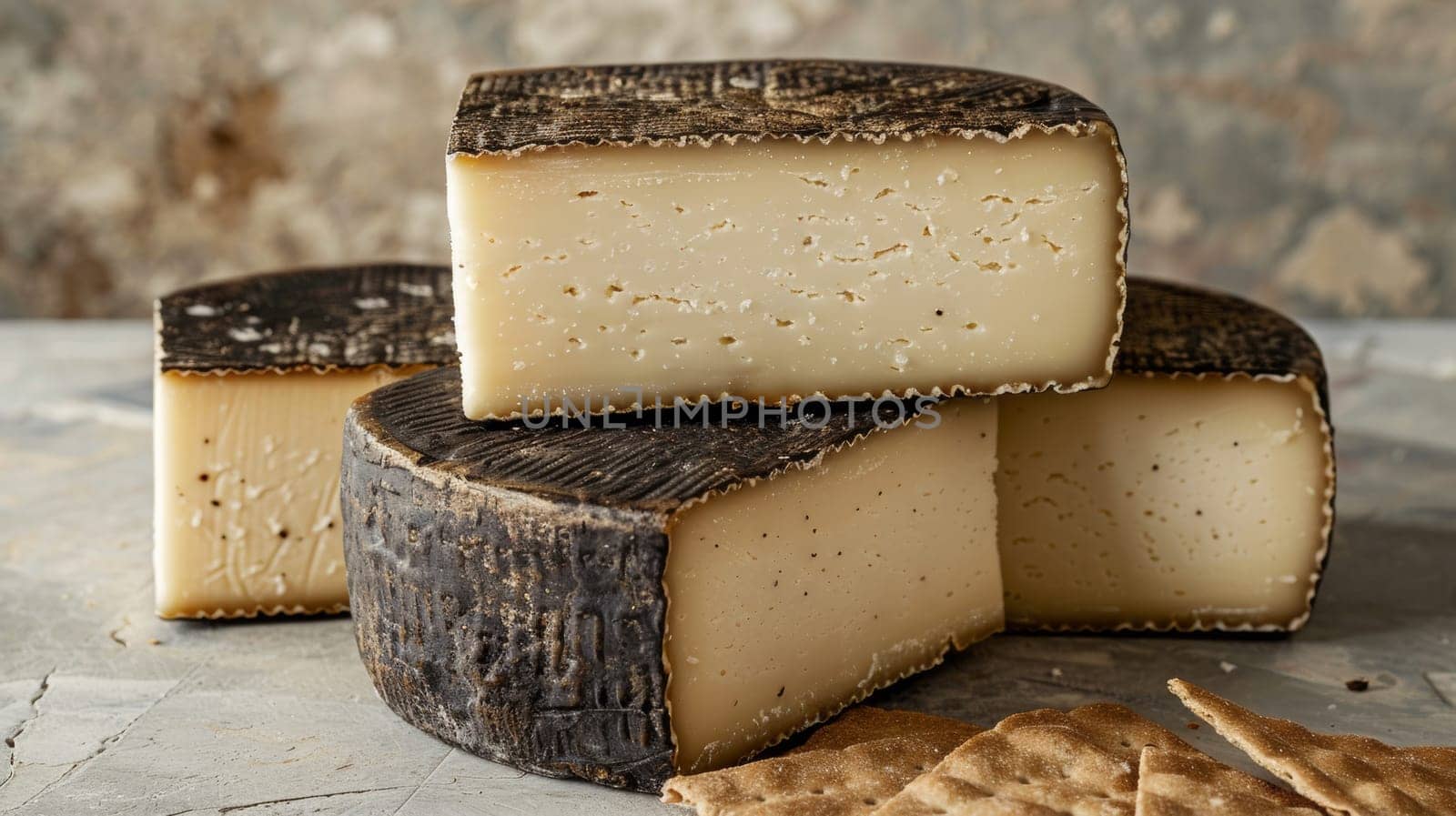 A group of cheese and crackers on a table with some bread