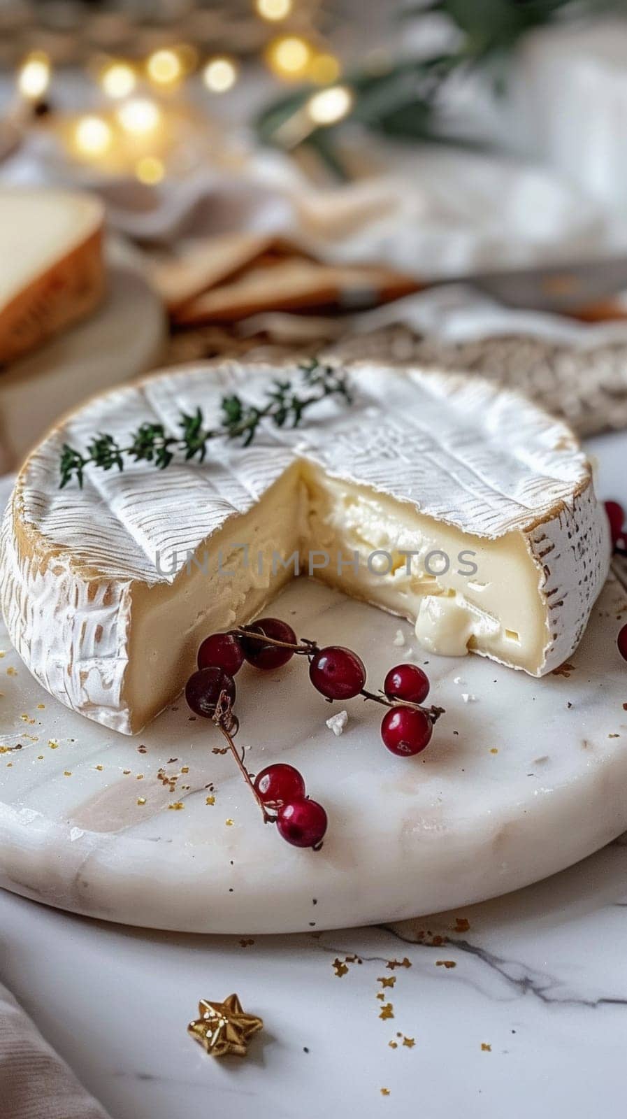 A cheese and fruit on a plate with some kind of decoration