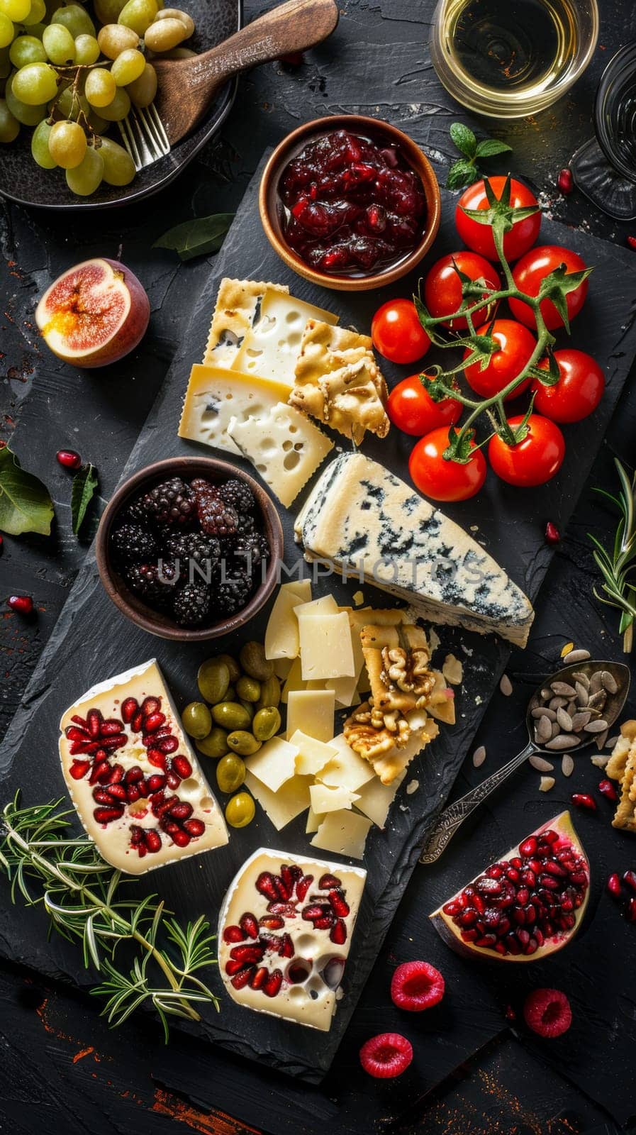 A table with cheese, fruit and nuts on it next to a glass of wine