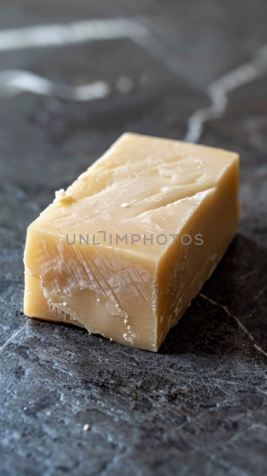 A piece of a block of cheese sitting on top of some marble