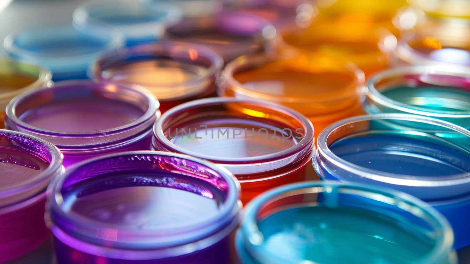 A close up of a bunch of different colored jars sitting on top of each other