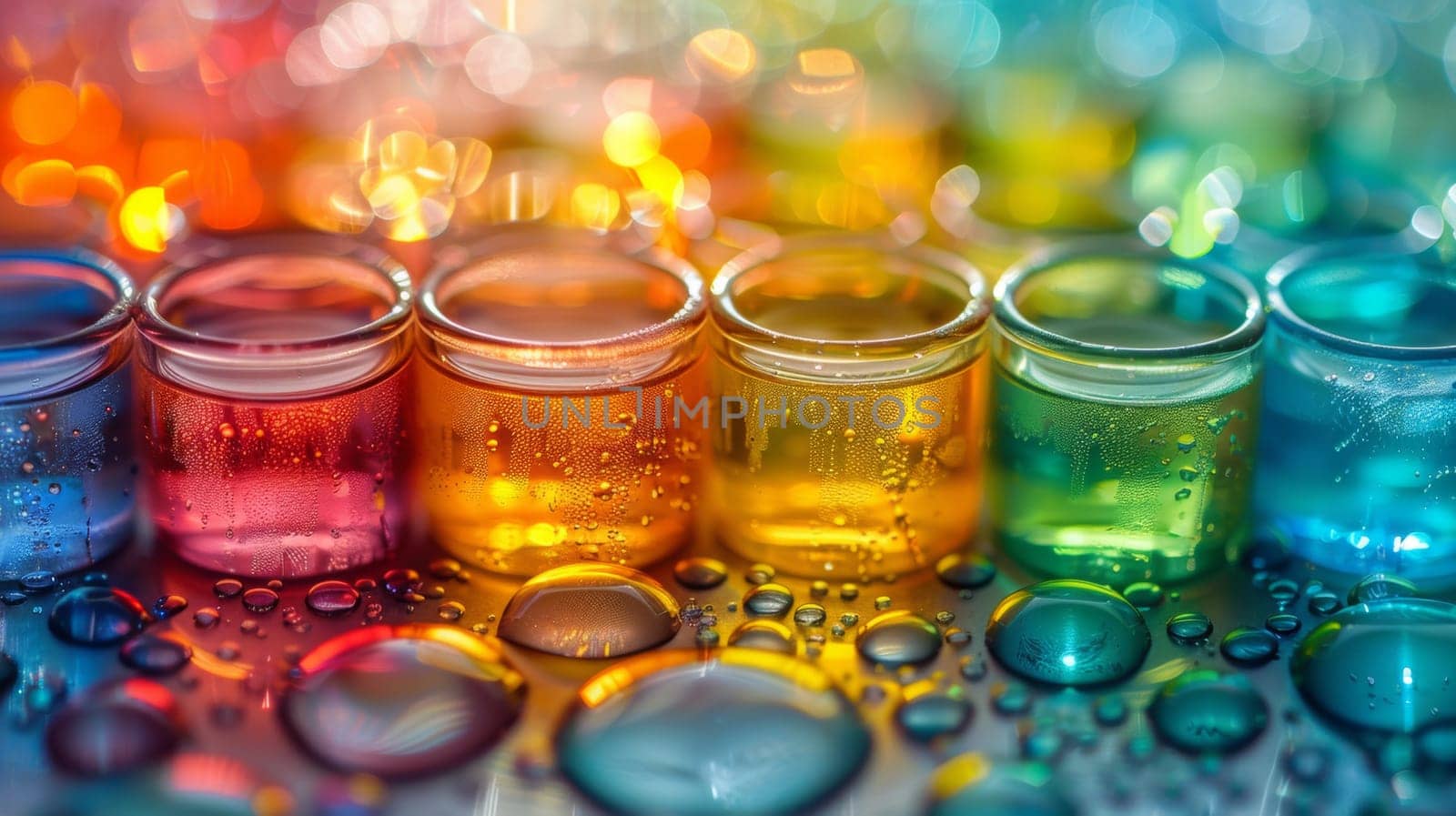 A row of colorful glass jars filled with water and drops
