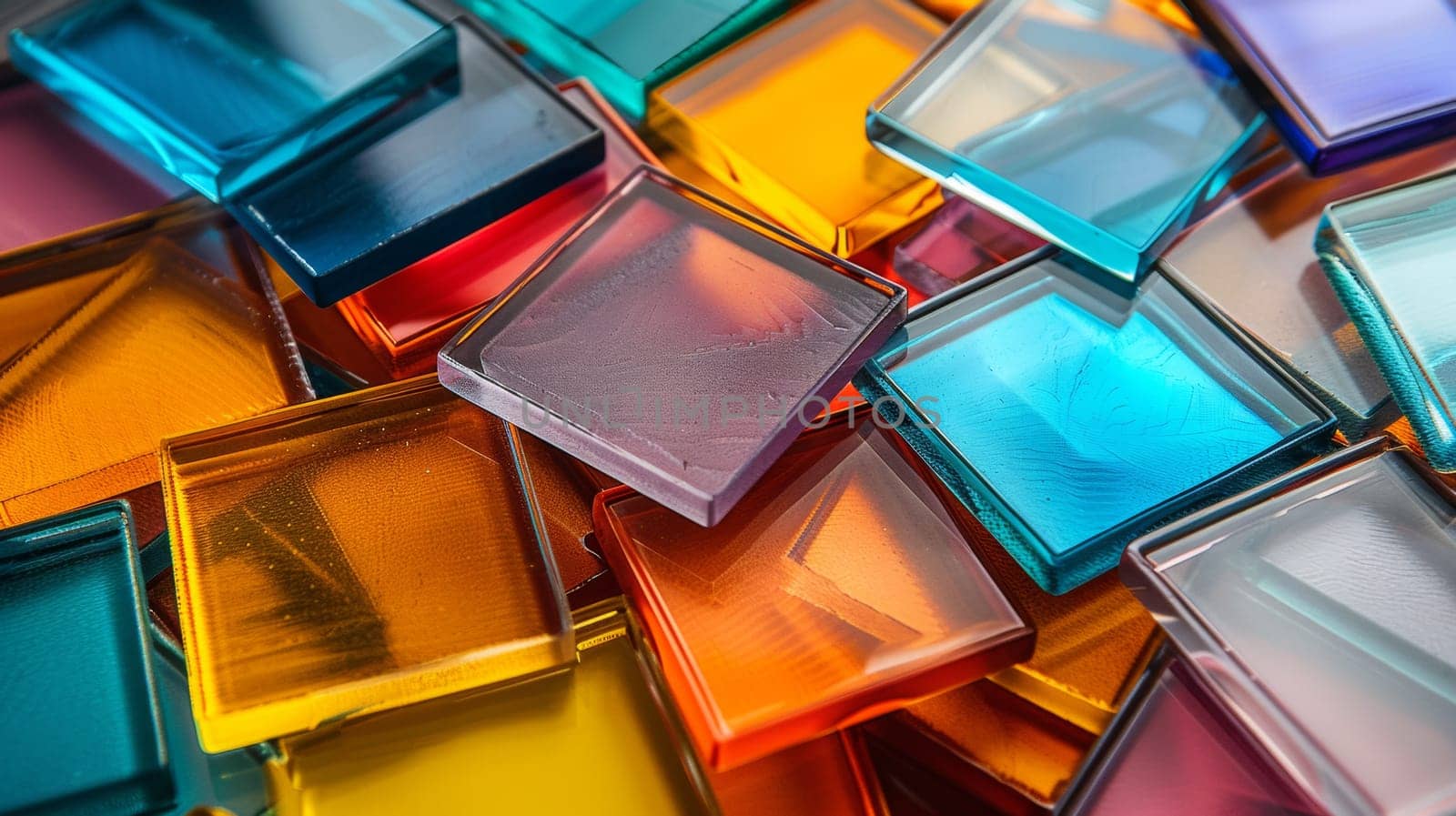 A pile of colorful glass tiles arranged in a square pattern