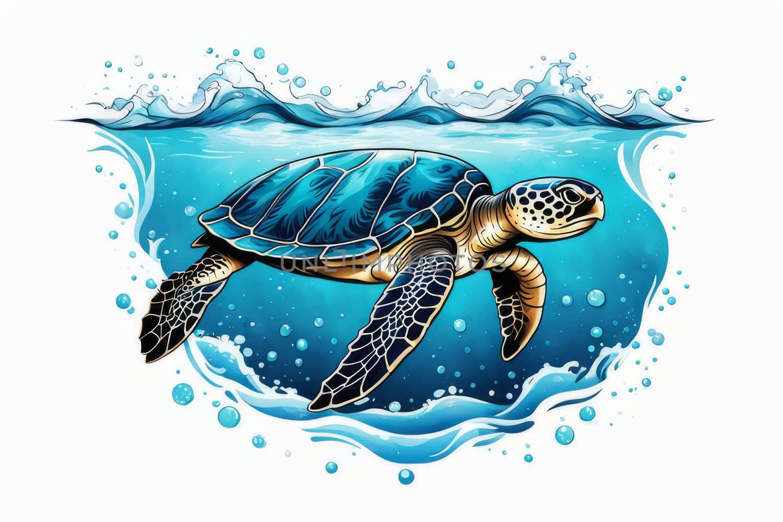 Image of sea turtle on white background. For educational materials for kids, game design, animated movies, tourism, stationery, Tshirt design, posters, postcards, childrens books