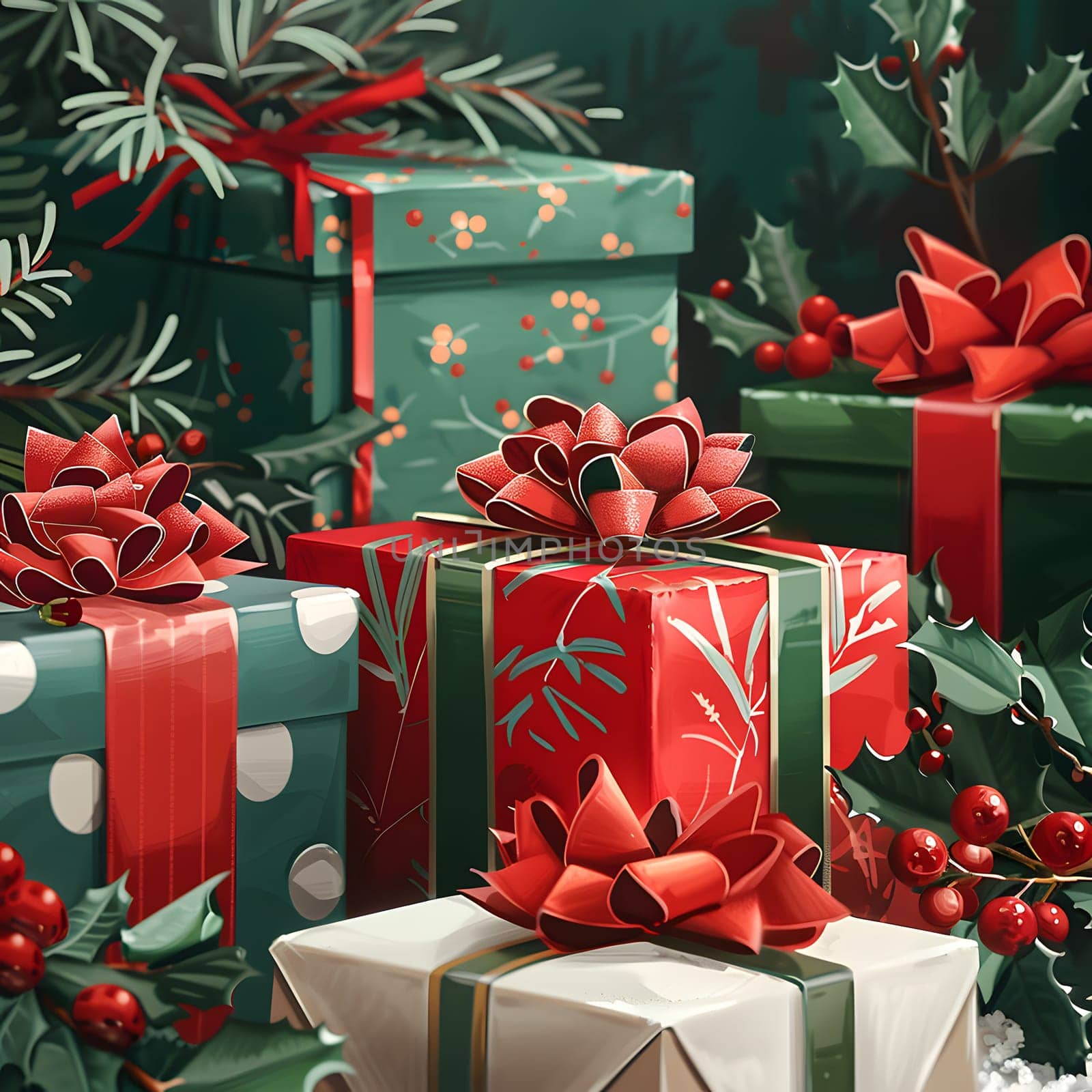 Green, red Christmas presents with bows, a festive sight by Nadtochiy