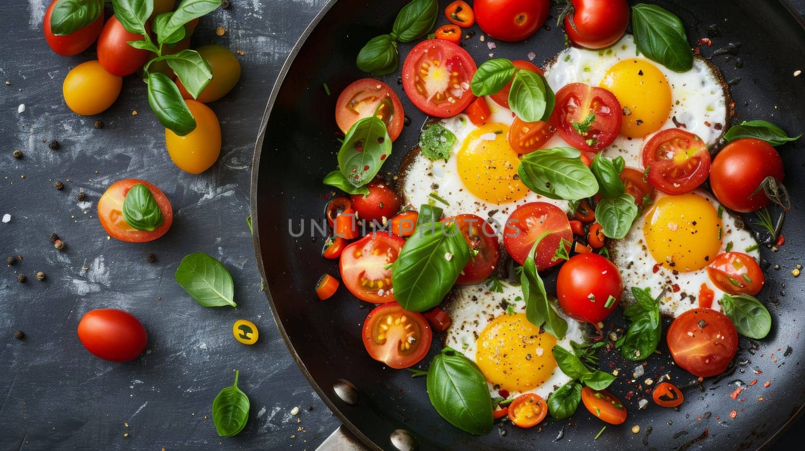 A frying pan with eggs, tomatoes and basil leaves on it