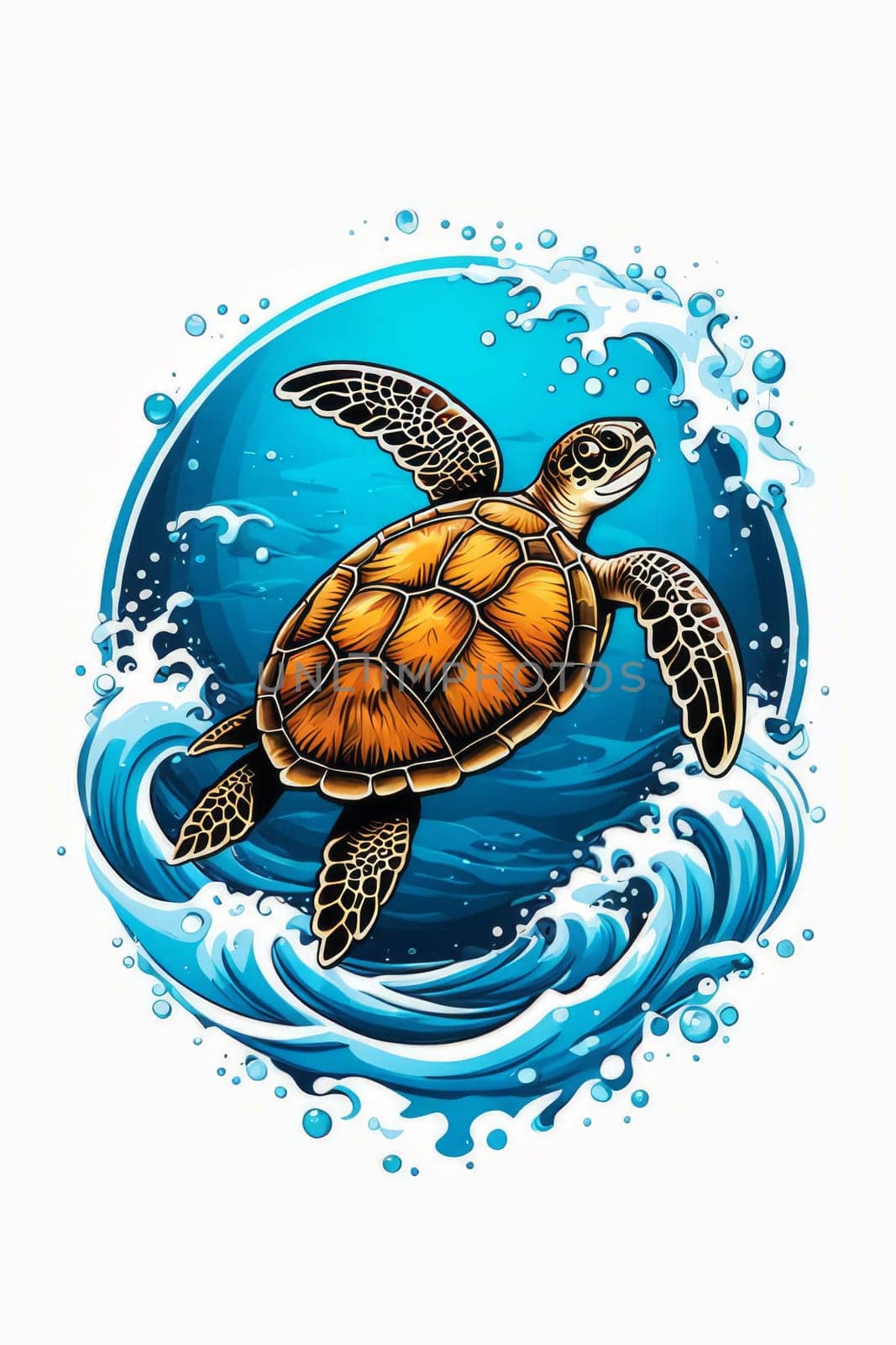 Majestic turtle glides effortlessly through clear blue waters, its shell glistening in sunlight. For educational materials for kids, game design, animated movies, tourism, stationery, Tshirt design