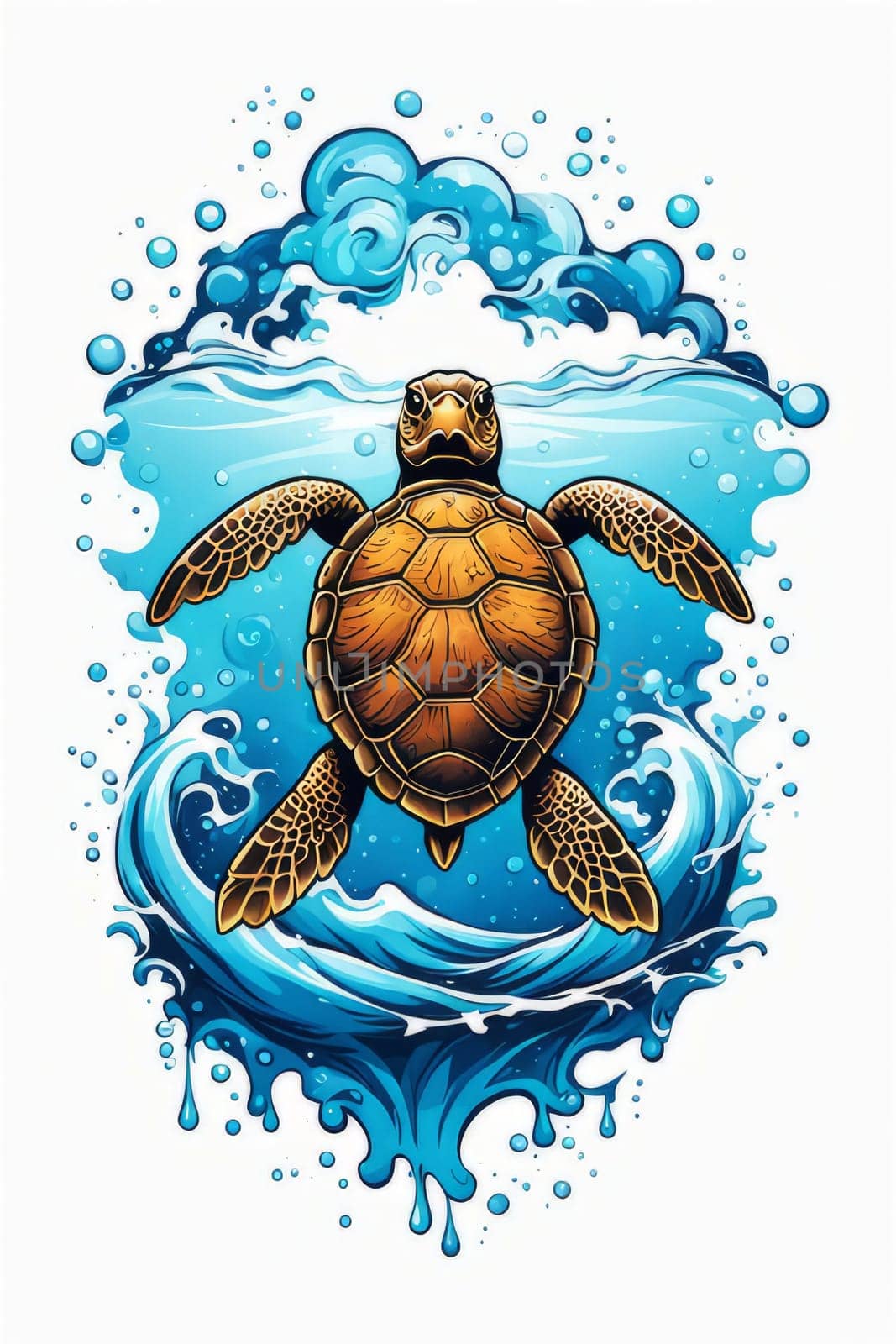 Serene turtle gracefully swimming through water amidst trail of bubbles. For fashion, clothing design, animal themed clothing advertising, as illustration for interesting clothing style, Tshirt design