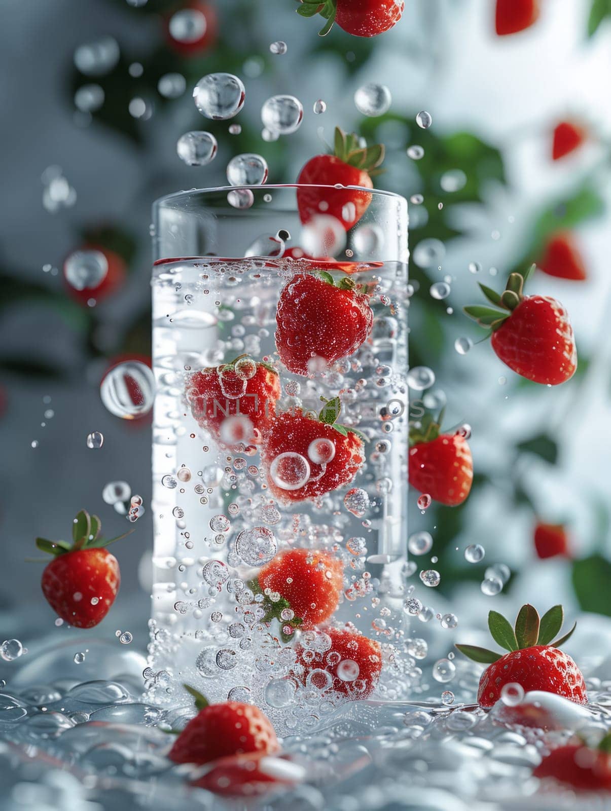 Fresh drink with strawberries and ice cubes. Summer beverage close up. Fresh drink with berries. Ai generated