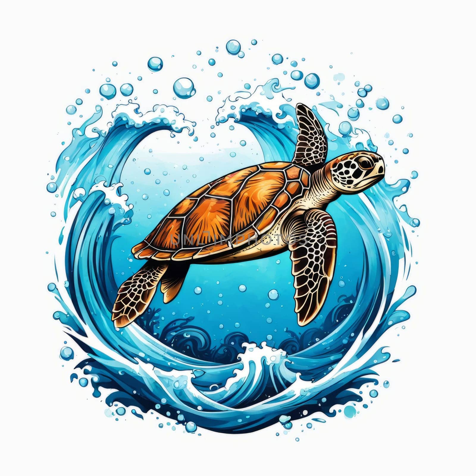 Majestic turtle is seen gliding effortlessly through water, its movements slow, graceful. For Tshirt design, posters, postcards, other merchandise with marine theme, childrens books. by Angelsmoon