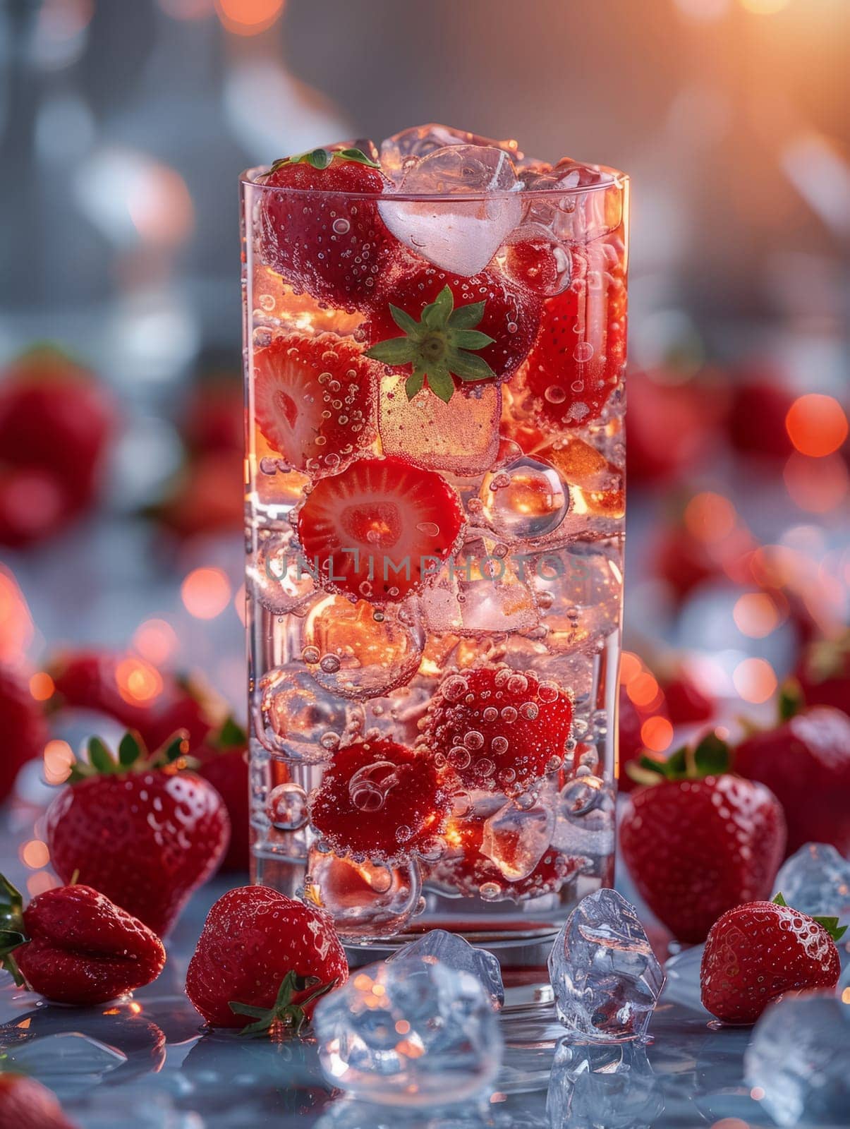 Fresh drink with strawberries and ice cubes. Summer beverage close up. Fresh drink with berries. Ai generated