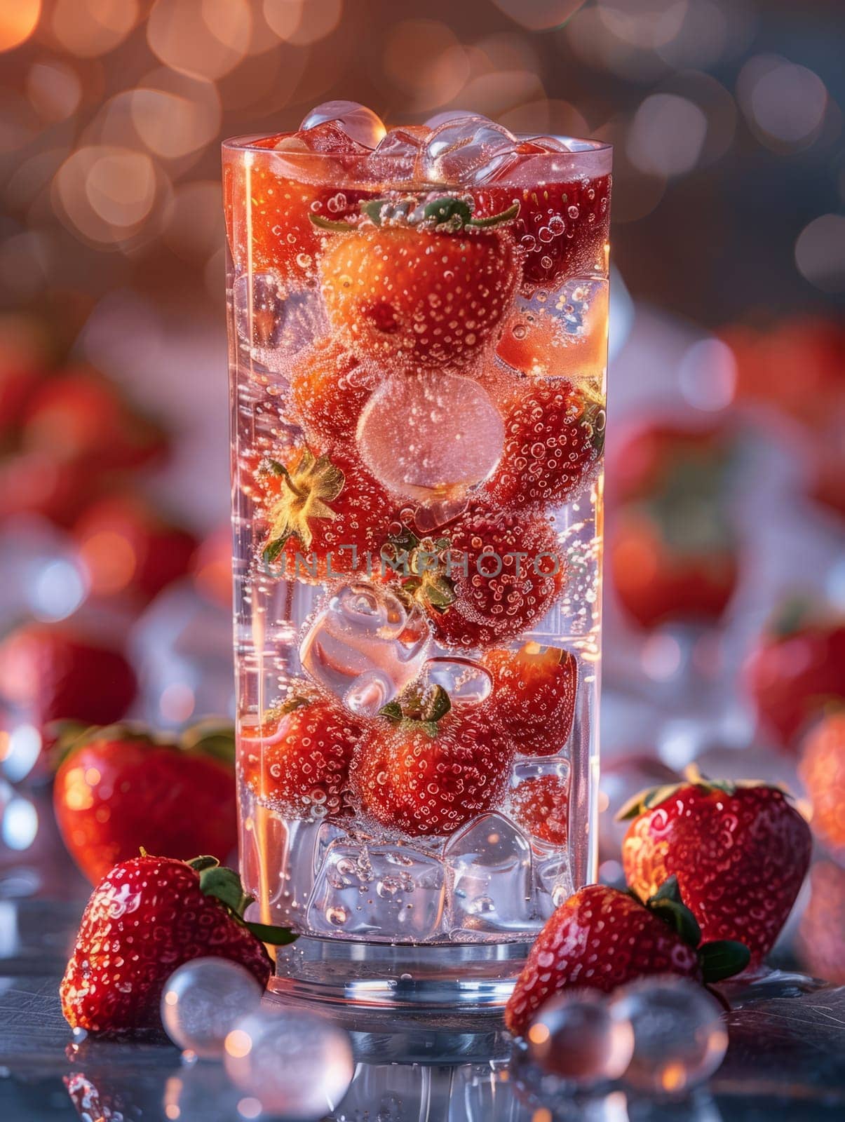 Fresh drink with strawberries and ice cubes. Summer beverage close up. Fresh drink with berries. Ai generated