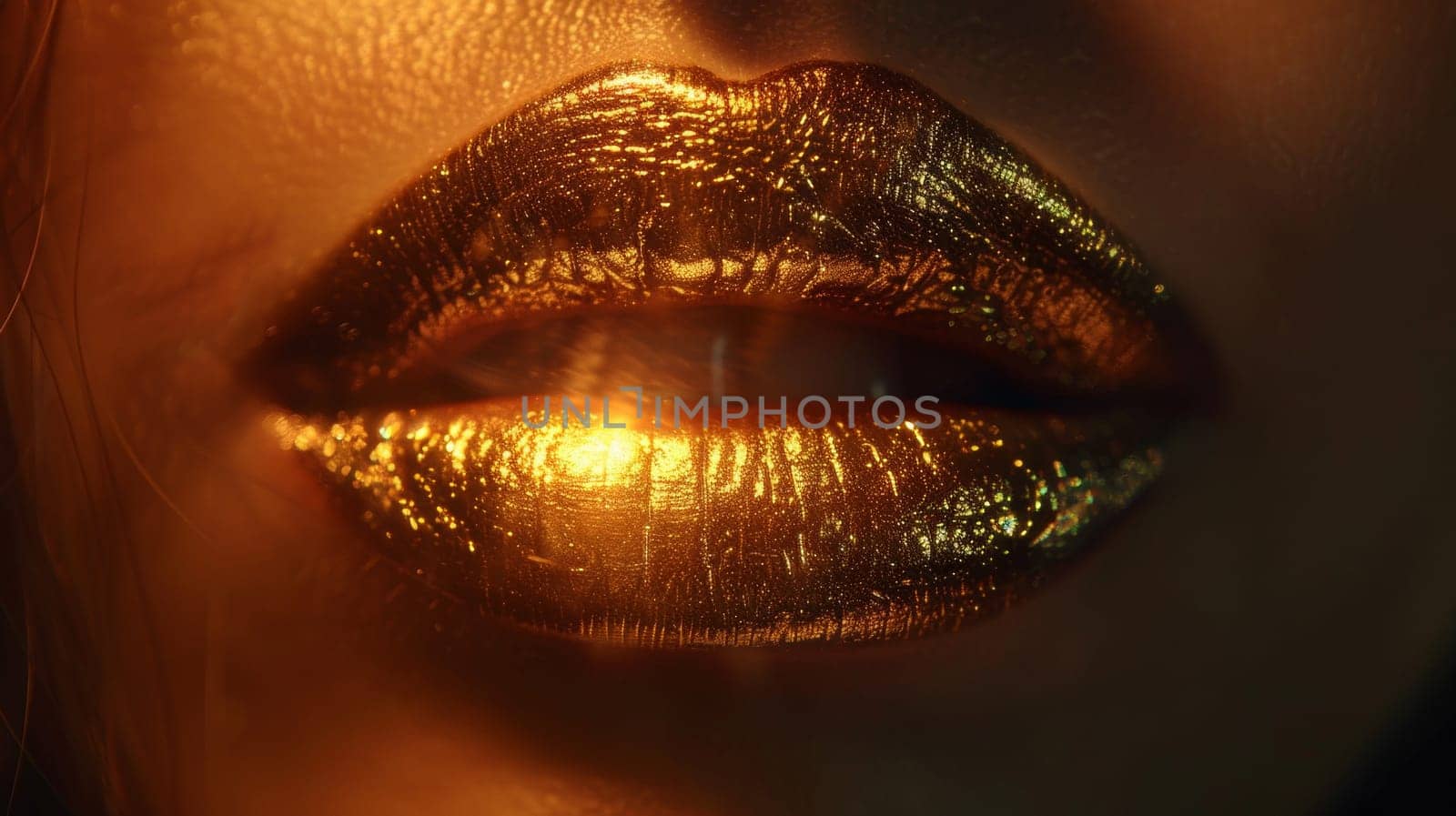 A close up of a woman's lips with gold paint on them