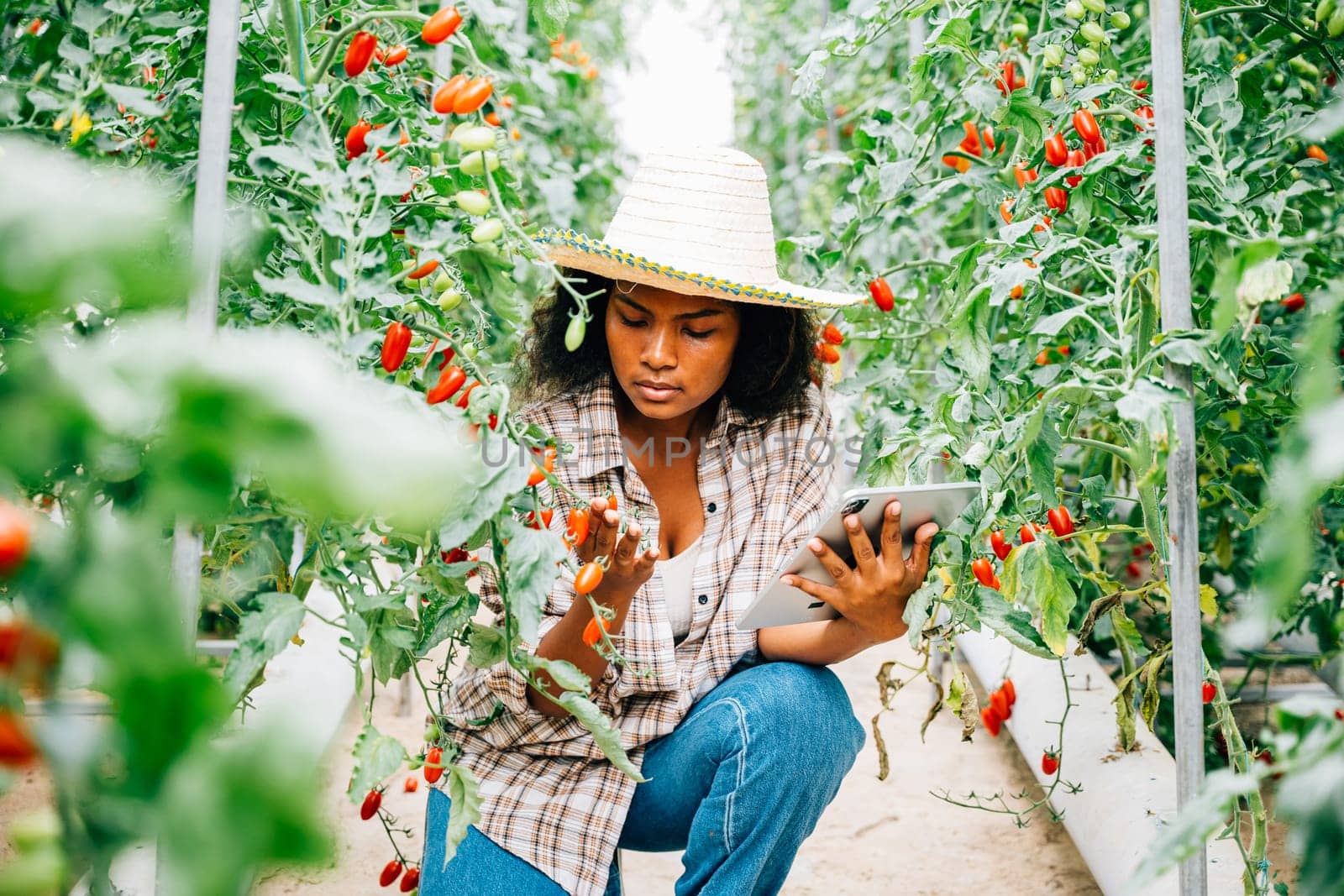 Black woman farmer uses a digital tablet to inspect tomatoes by Sorapop