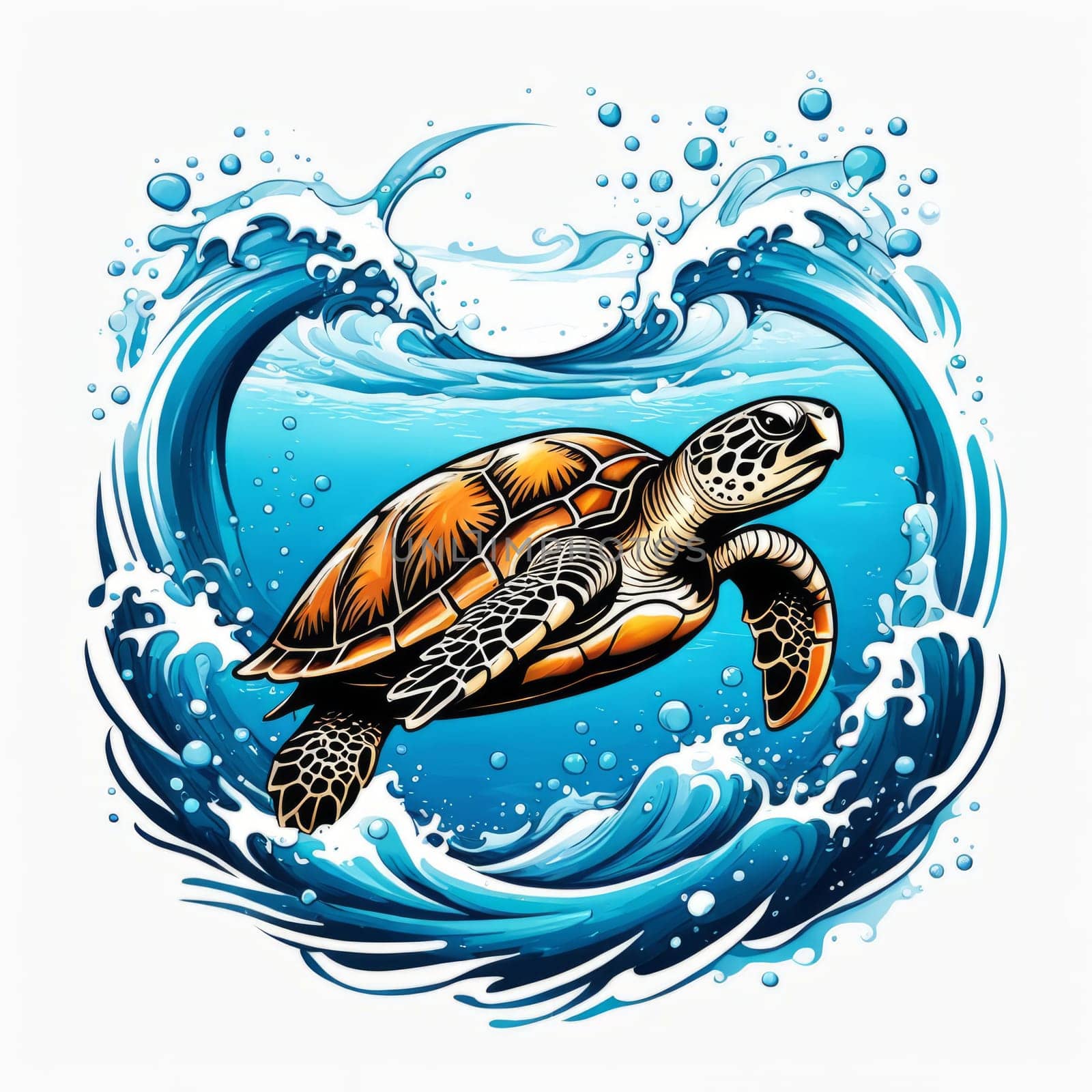 Turtle riding wave on white background. For Tshirt design, posters, postcards, other merchandise with marine theme, childrens books, educational materials for kids, tourism, stationery. by Angelsmoon