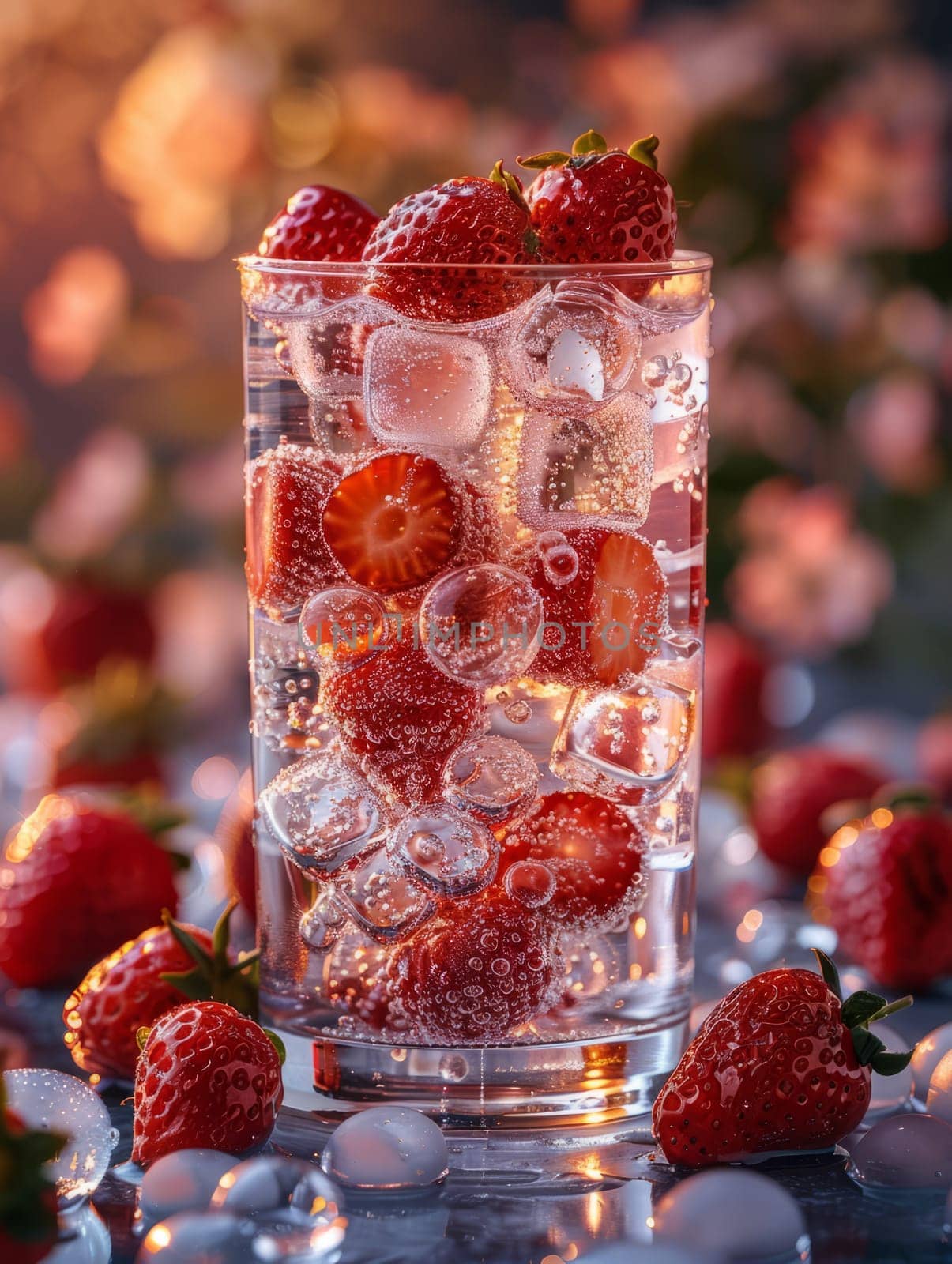 Fresh drink with strawberries and ice cubes. Summer beverage close up. Fresh drink with berries by iliris