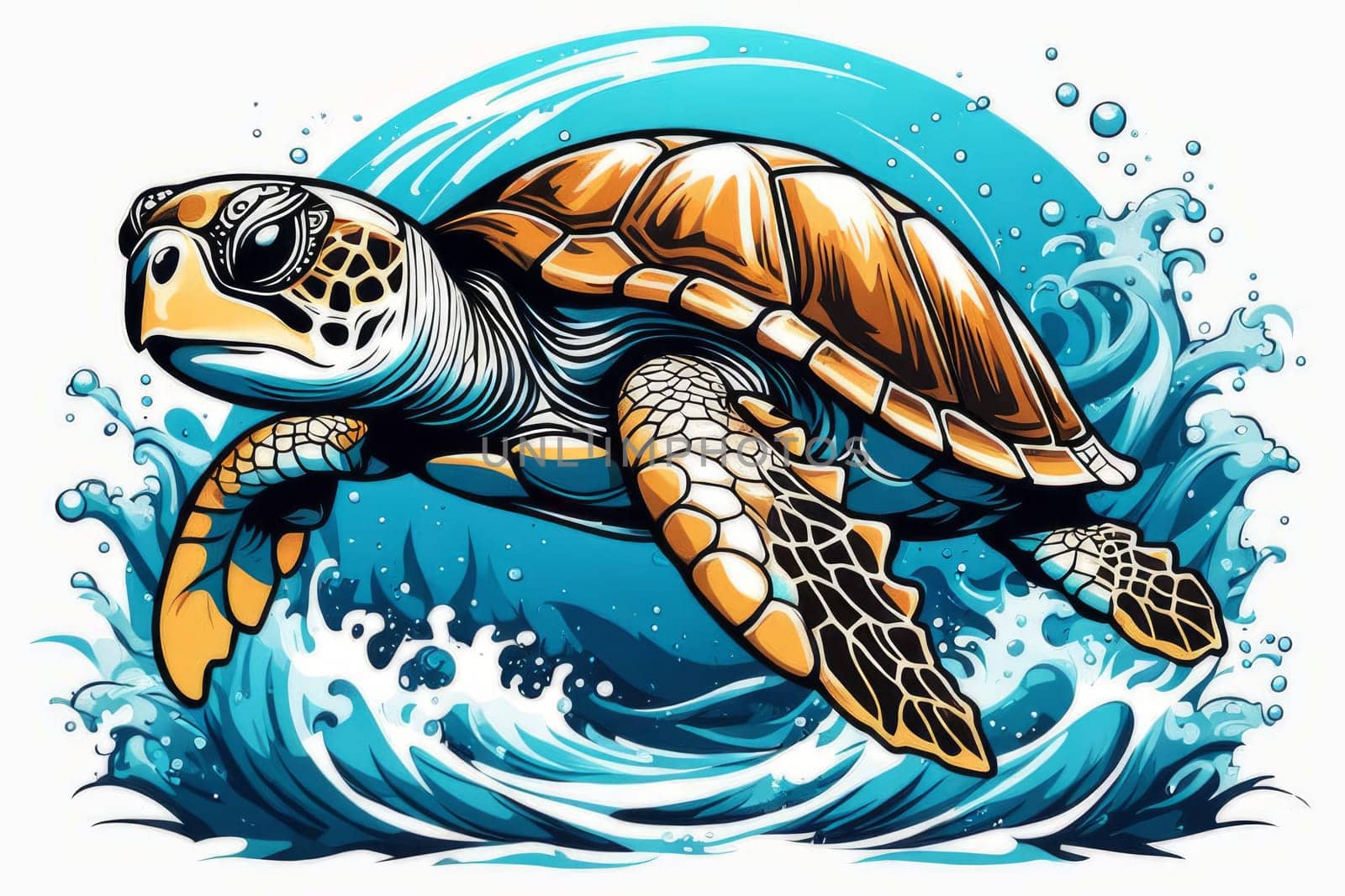 Turtle moves gracefully through water, its movements fluid, effortless. For fashion, clothing design, animal themed clothing advertising, as illustration for interesting clothing style, Tshirt design