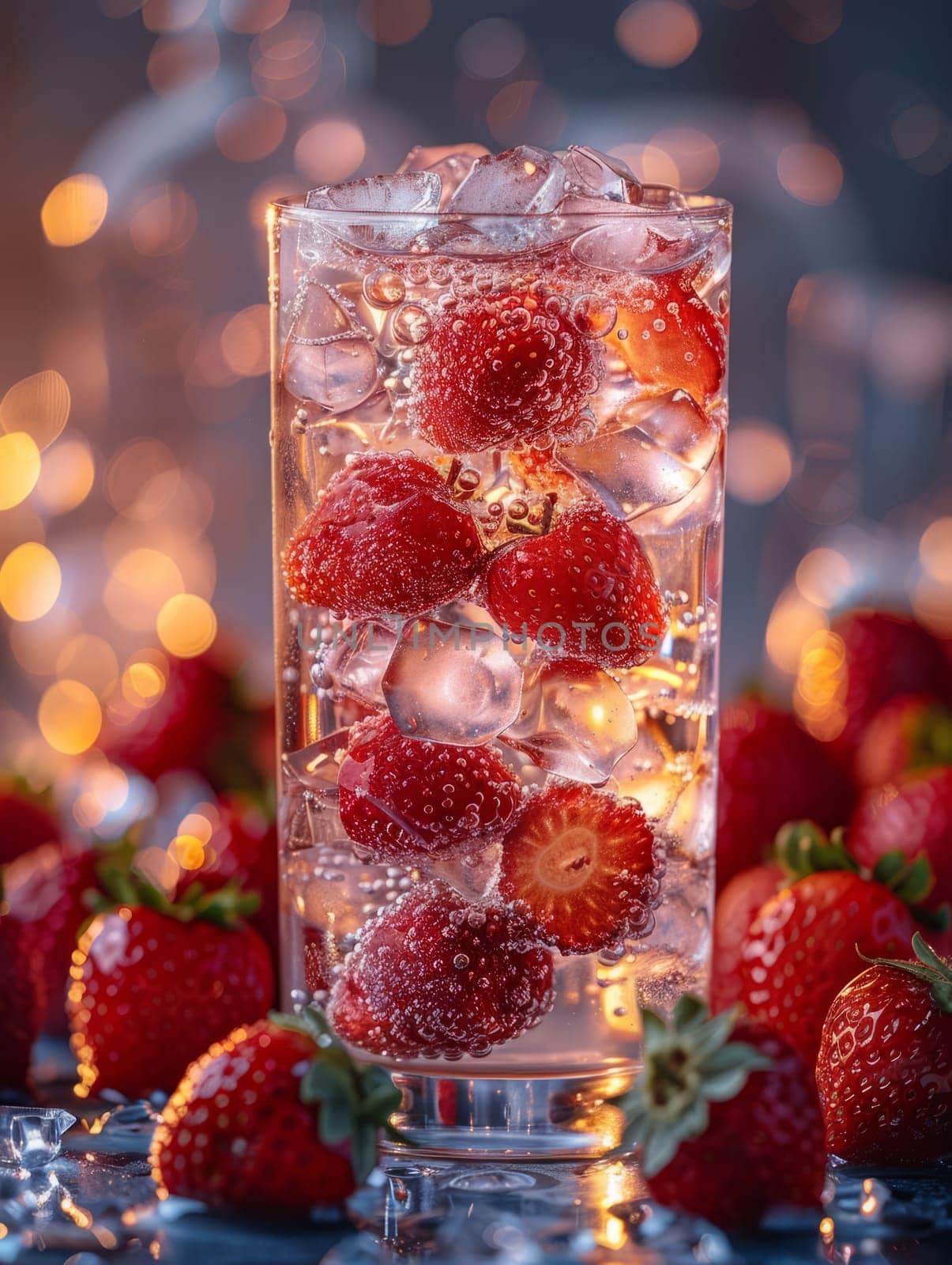 Fresh drink with strawberries and ice cubes. Summer beverage close up. Fresh drink with berries by iliris
