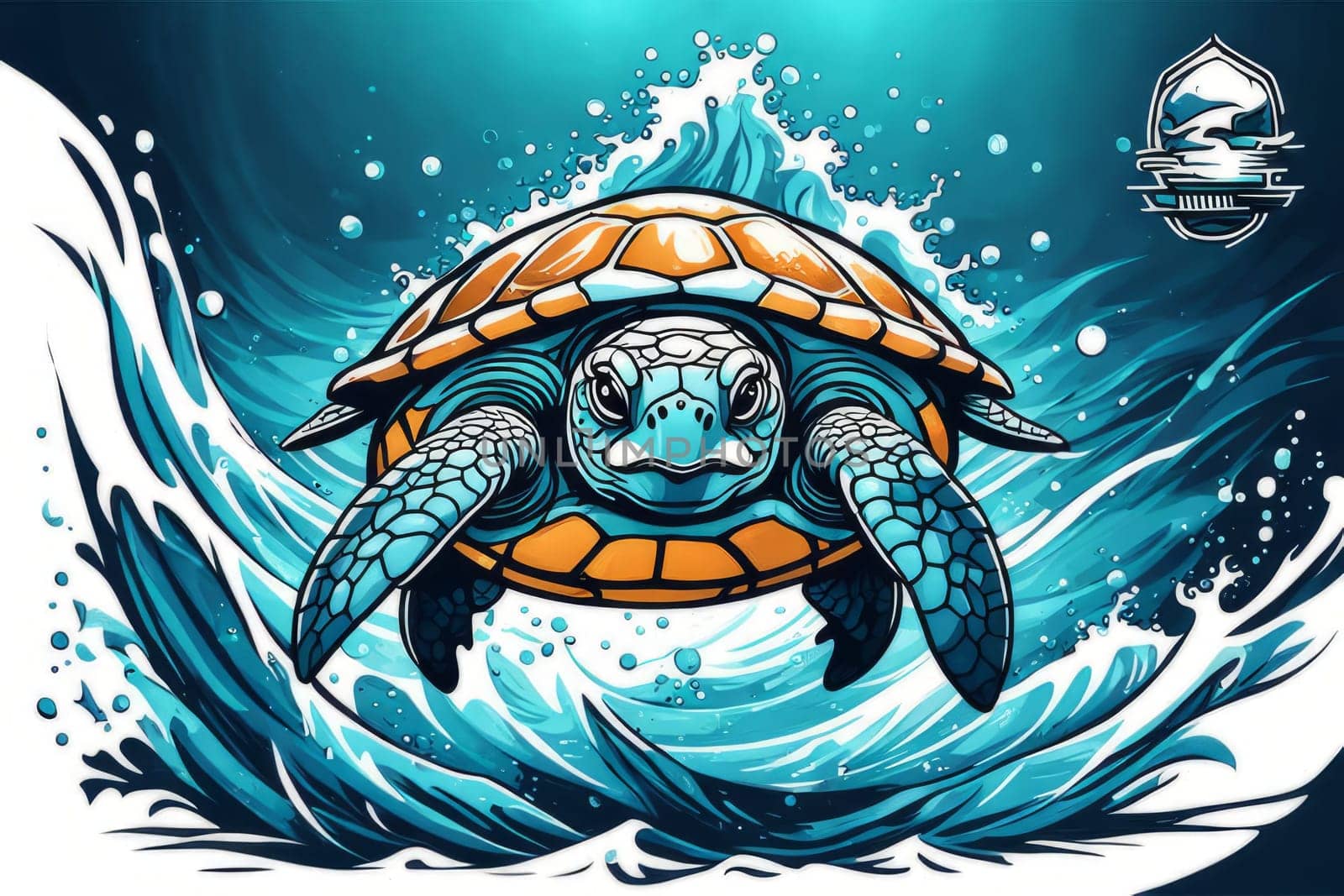 Turtle glides through its aquatic environment, showcasing beauty, tranquility of underwater world. For Tshirt design, posters, postcards, other merchandise with marine theme, childrens books, tourism