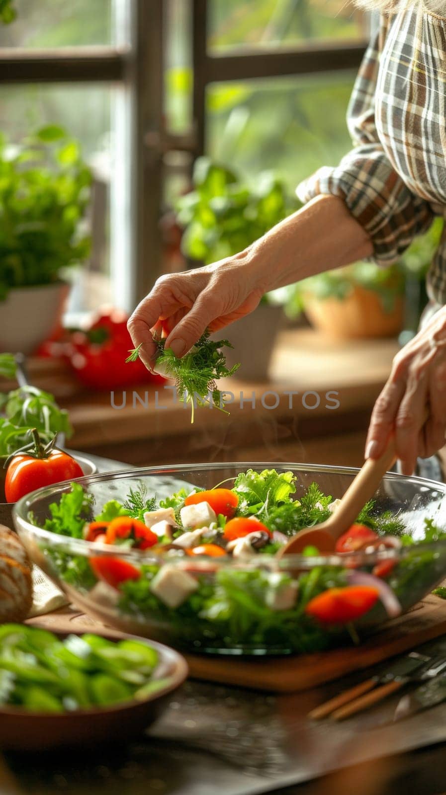 A woman holding a knife and cutting vegetables on top of the table