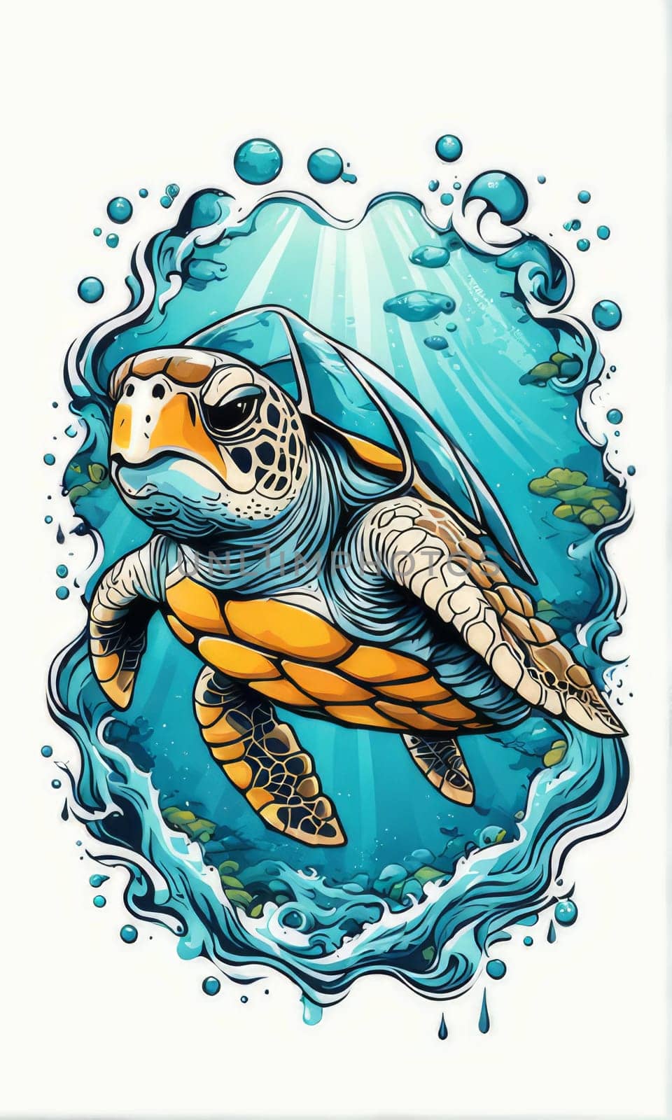 Majestic turtle glides effortlessly through clear blue waters, its shell glistening in sunlight. For educational materials for kids, game design, animated movies, tourism, stationery, Tshirt design