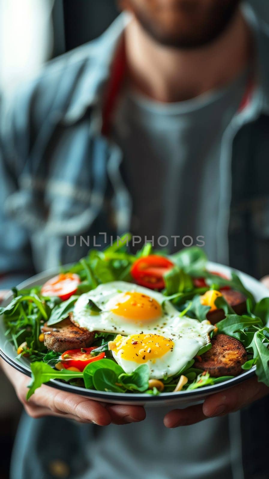 A man holding a plate of food with eggs and vegetables