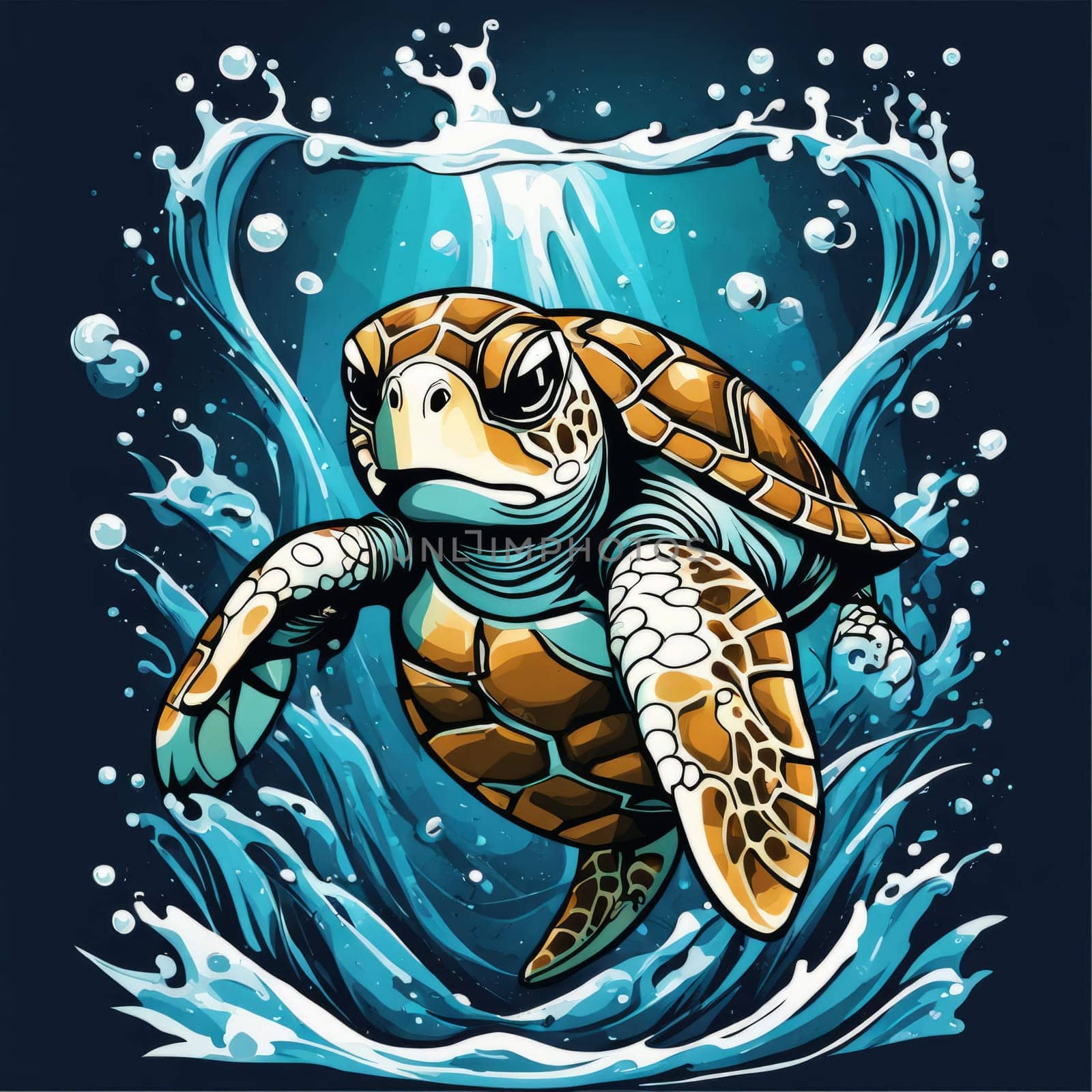 Turtle gracefully swimming in water. For educational materials for kids, game design, animated movies, tourism, stationery, Tshirt design, posters, postcards, childrens books