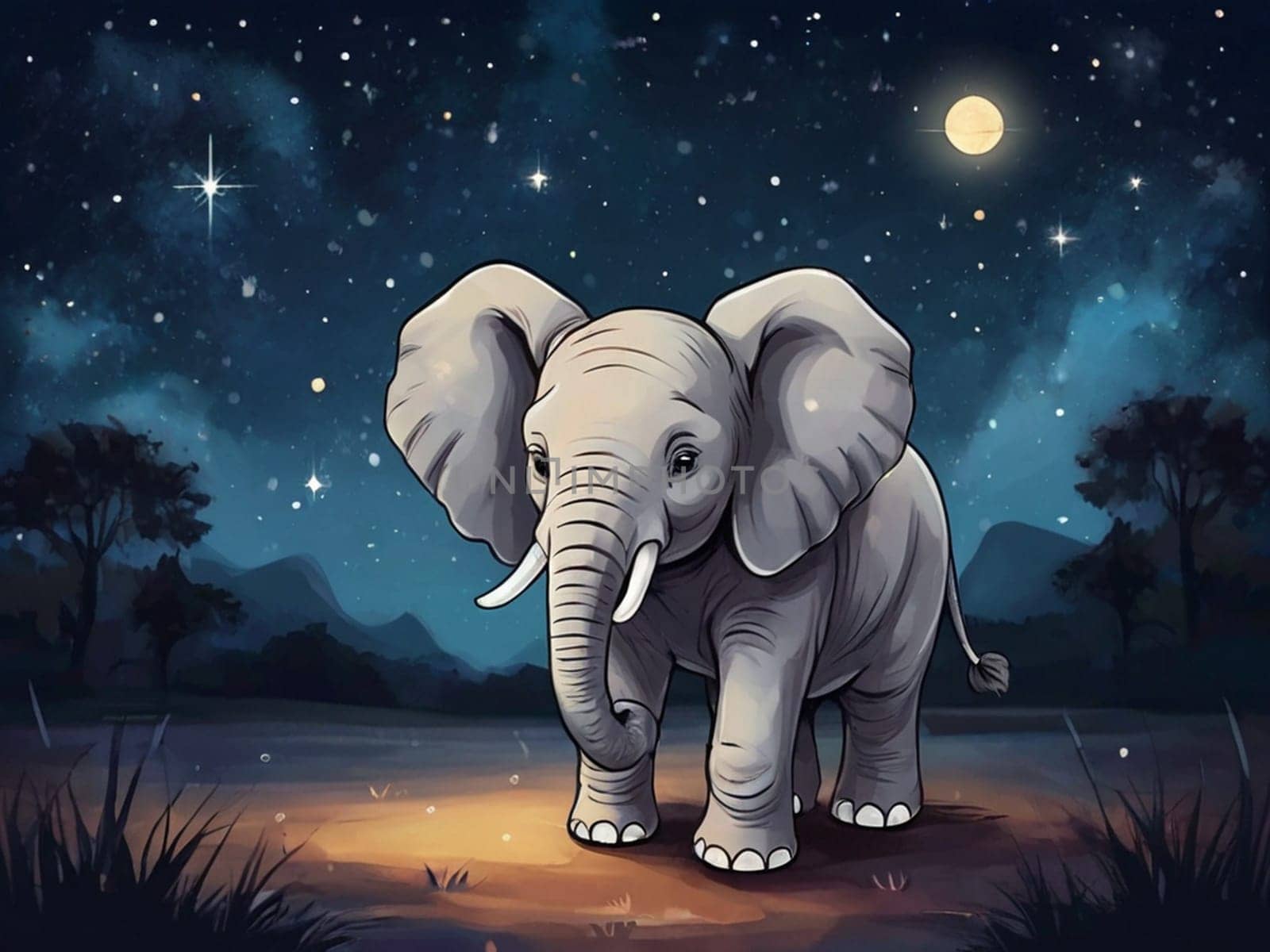 An adorable baby elephant set against a beautiful night sky dotted with stars