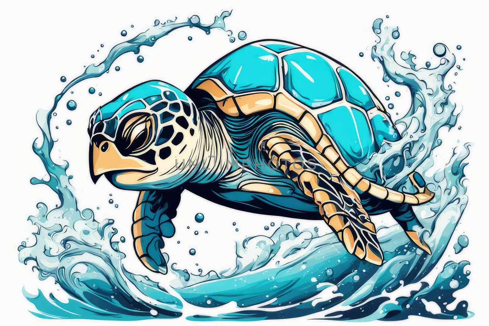 Vibrant sea turtle elegantly maneuvering its way through shimmering azure ocean depths, showcasing beauty, tranquility of marine life in its natural habitat. For fashion,clothing design, Tshirt design by Angelsmoon