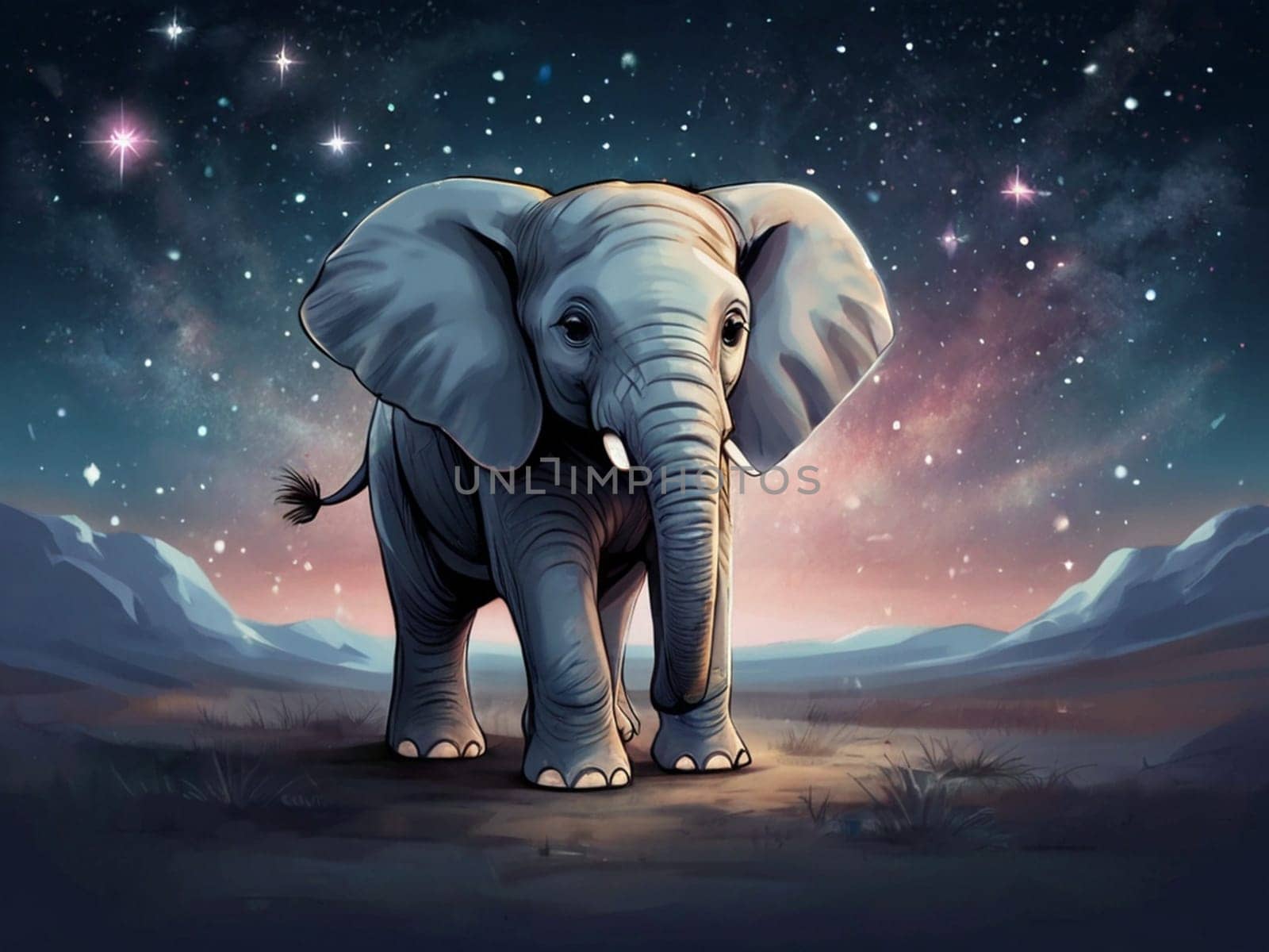 An adorable baby elephant set against a beautiful night sky dotted with stars