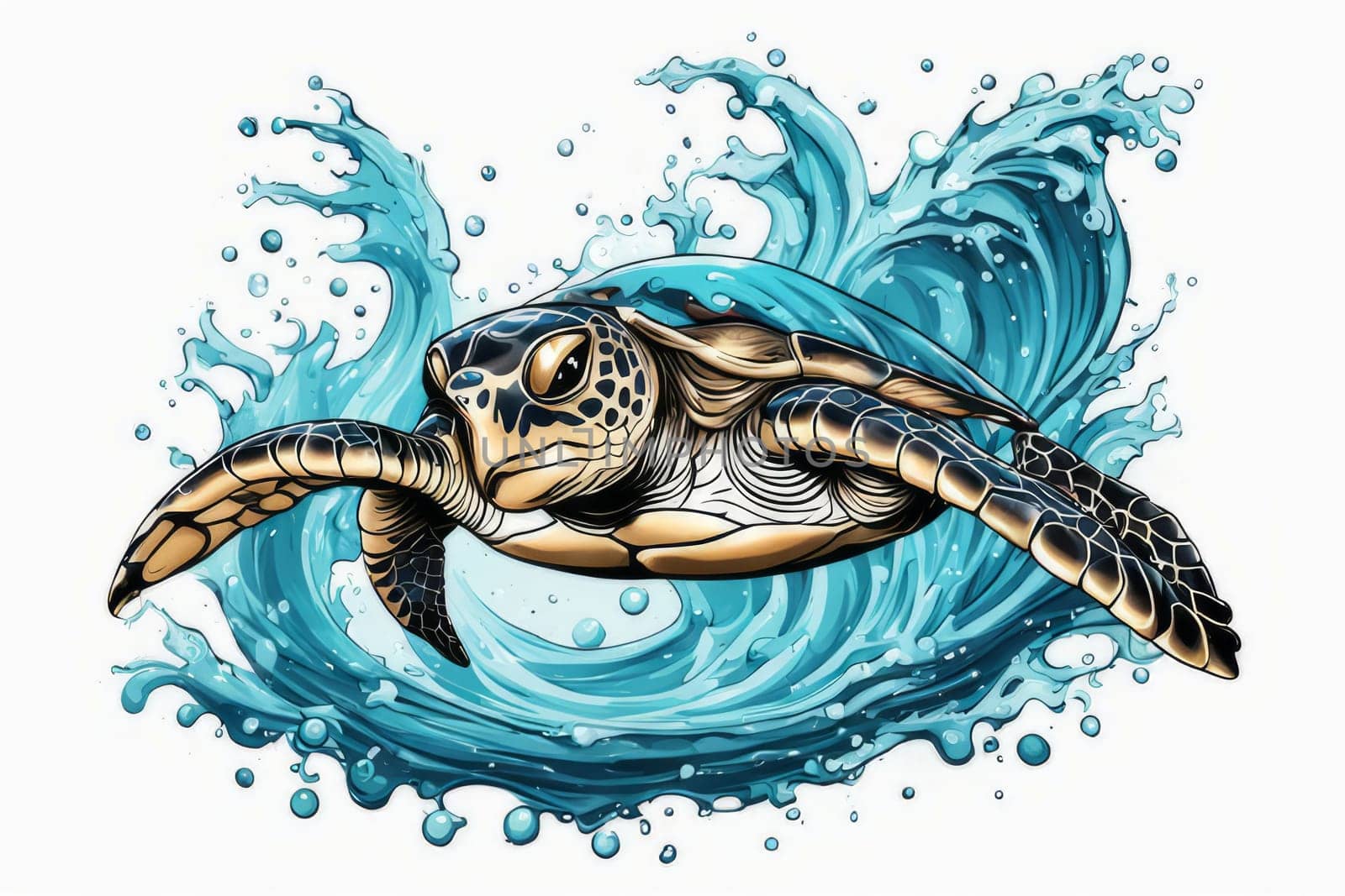 Turtle gracefully swimming in water surrounded by bubbles, showcasing its serene underwater world. For Tshirt design, posters, postcards, other merchandise with marine theme, childrens books