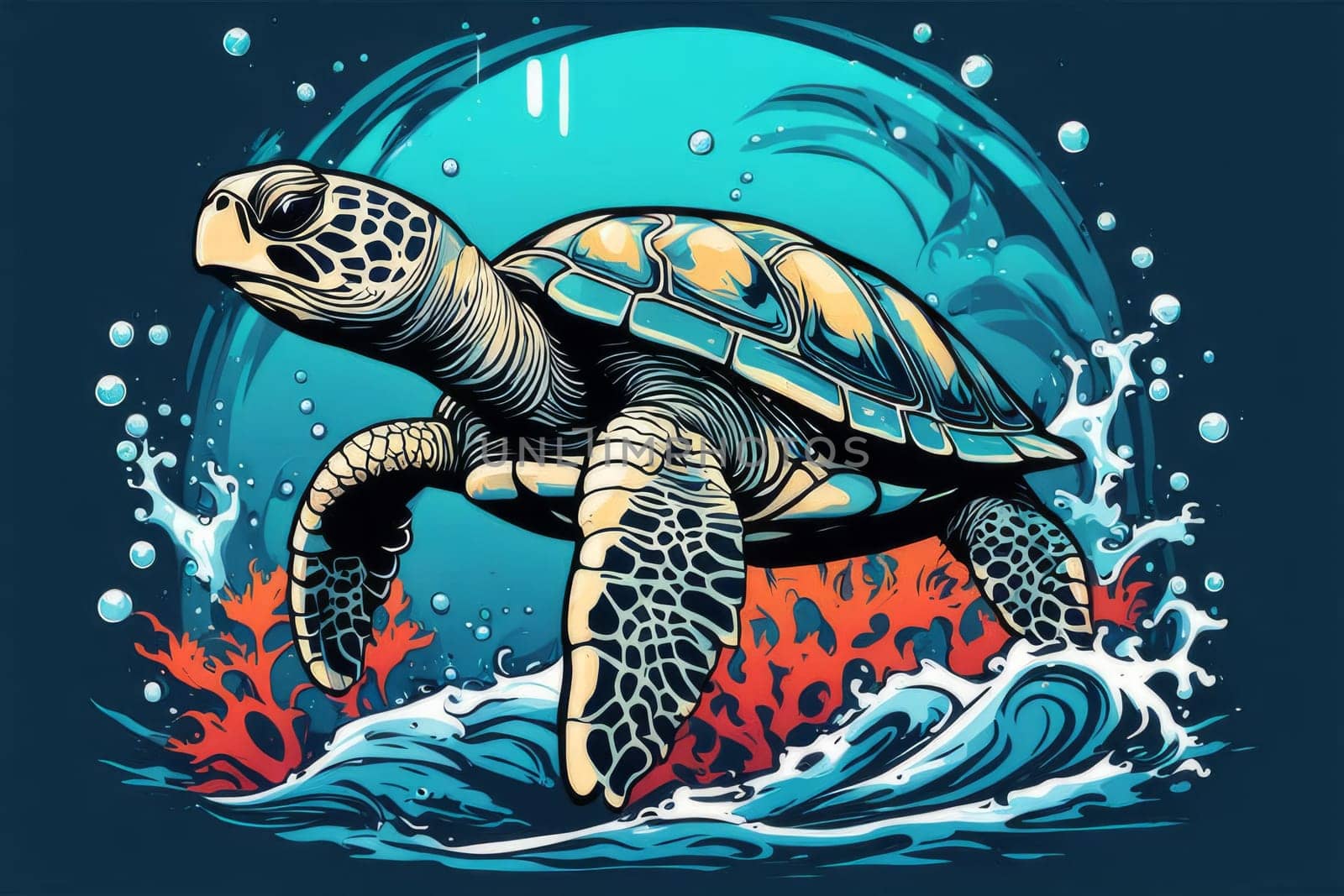 Majestic turtle glides effortlessly through clear blue waters, its shell glistening in sunlight. For educational materials for kids, game design, animated movies, tourism, stationery, Tshirt design