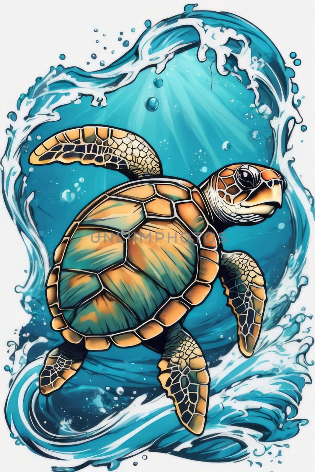 Turtle gracefully swimming in water. For educational materials for kids, game design, animated movies, tourism, stationery, Tshirt design, posters, postcards, childrens books