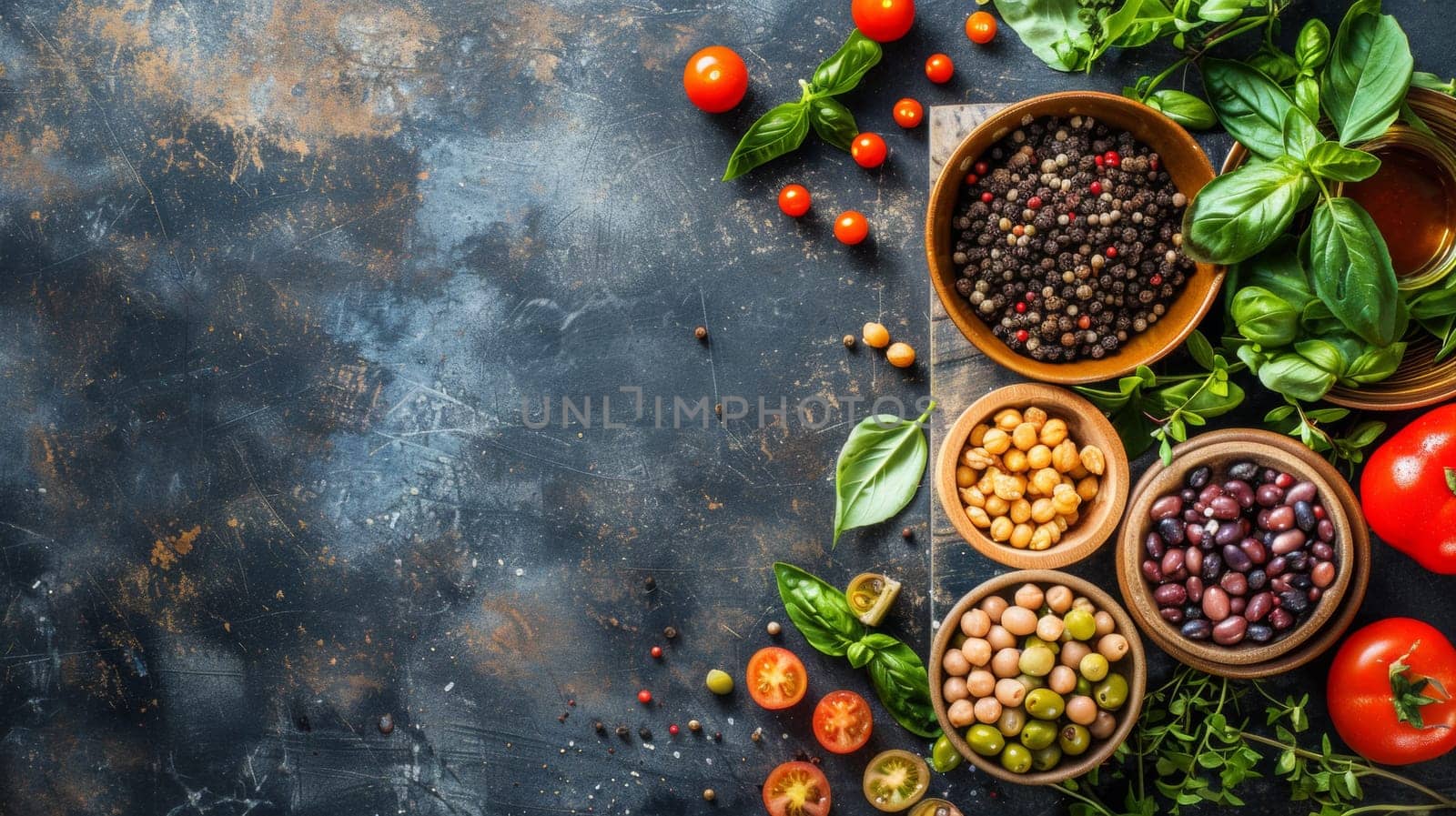 A table with bowls of different vegetables and herbs on it