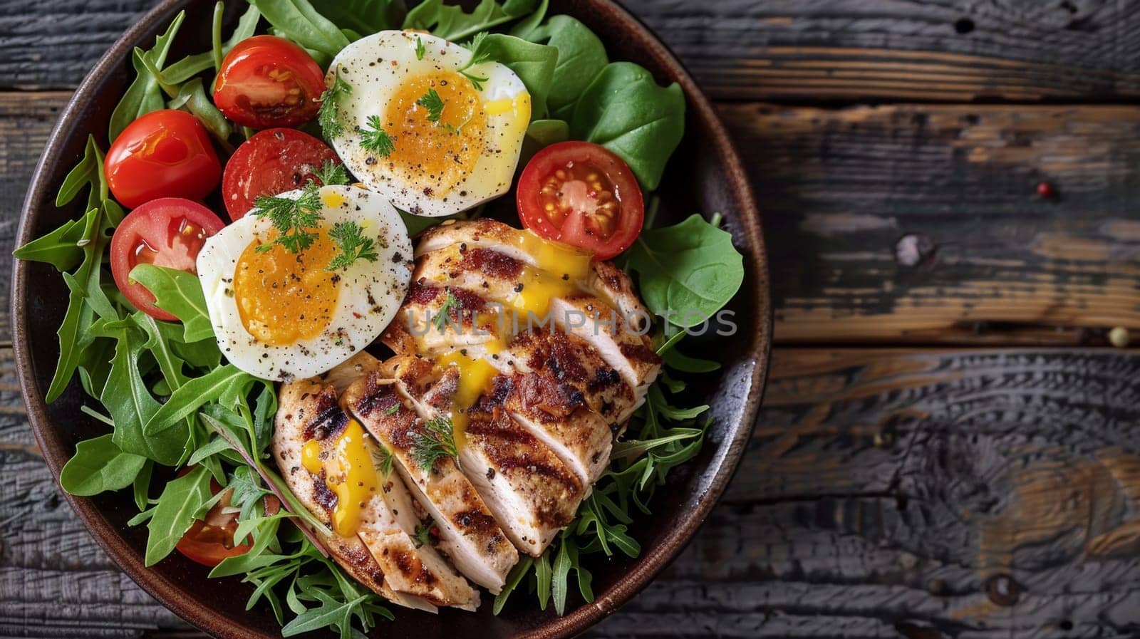A plate of a salad with eggs and tomatoes on it
