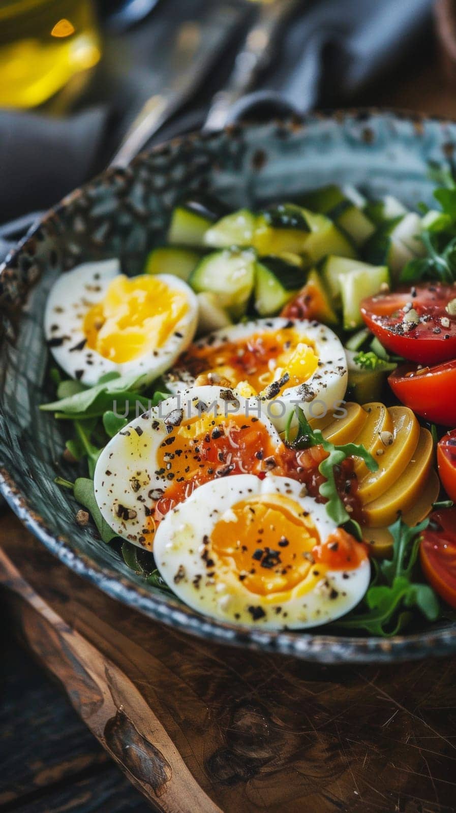 A bowl of a salad with tomatoes, eggs and cucumbers