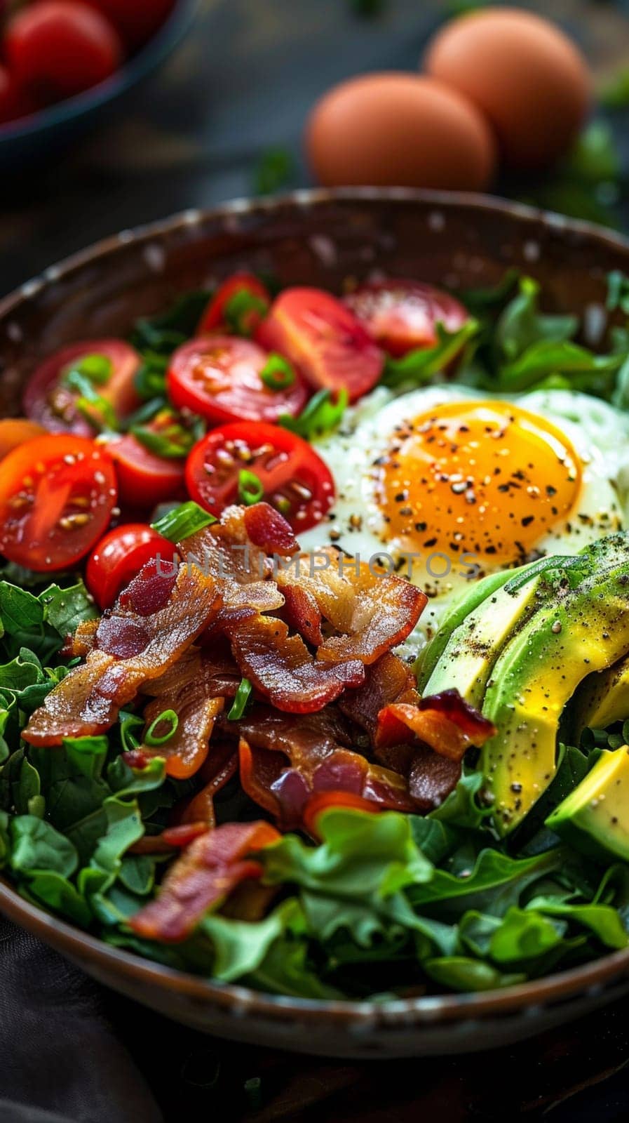 A plate of a salad with bacon, tomatoes and eggs