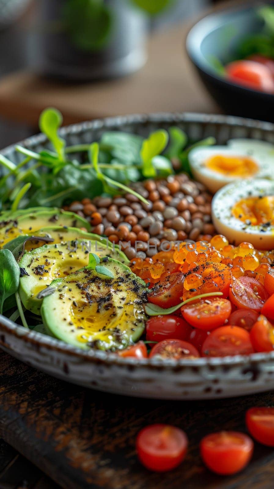 A plate of a bowl filled with vegetables and eggs