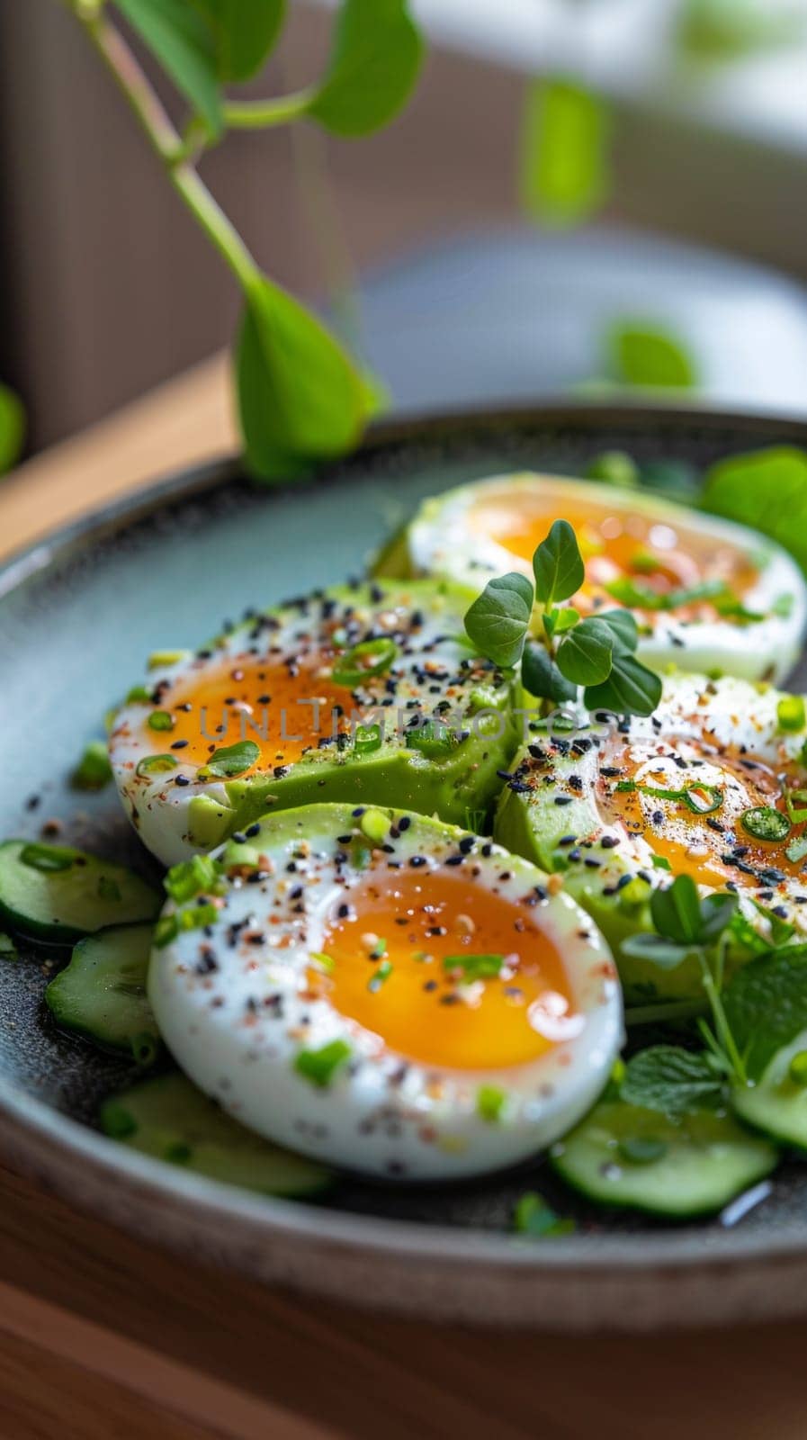 A plate of a meal with eggs and cucumbers on it