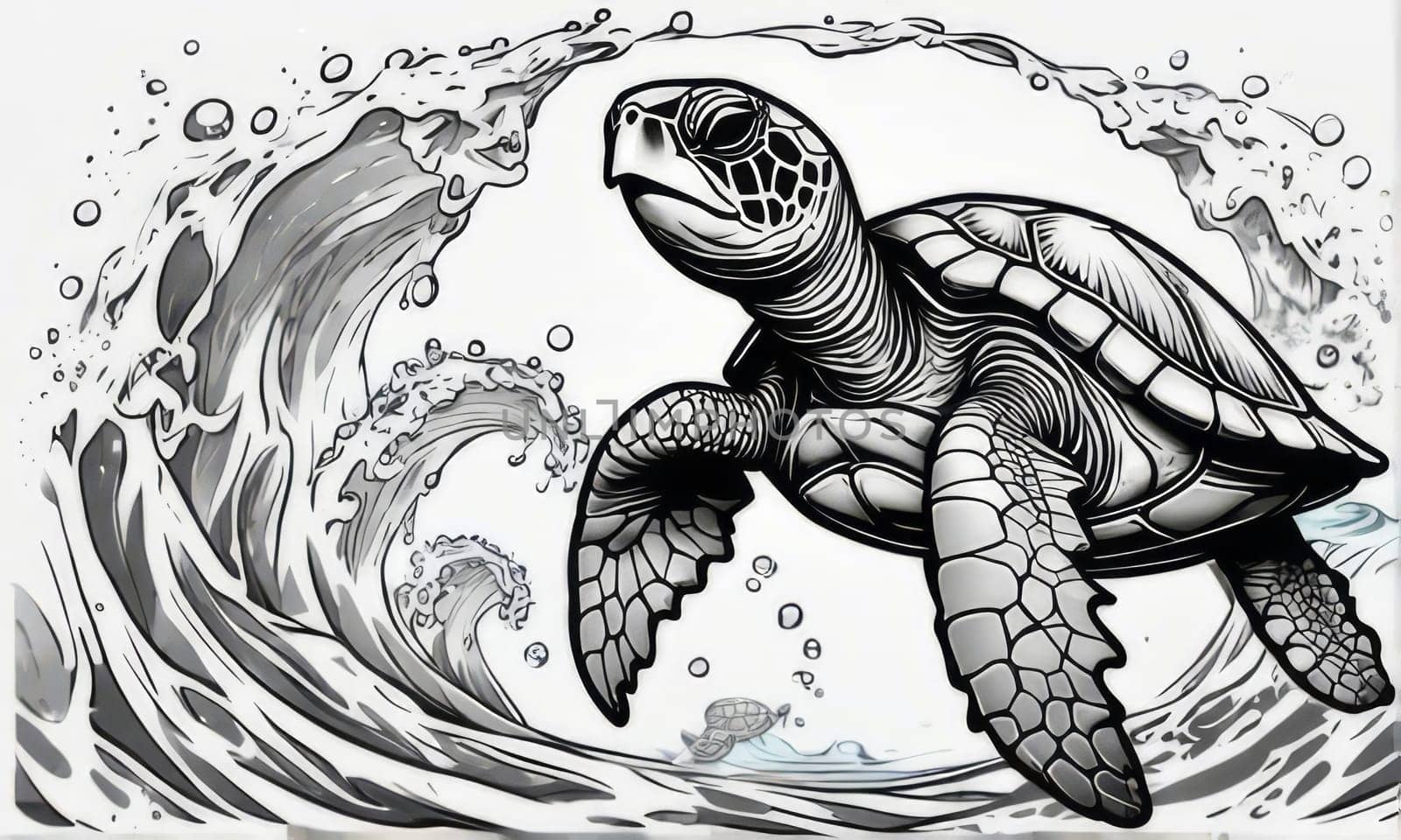 Majestic turtle is seen gliding effortlessly through water, its movements slow, graceful. For Tshirt design, posters, postcards, other merchandise with marine theme, childrens books