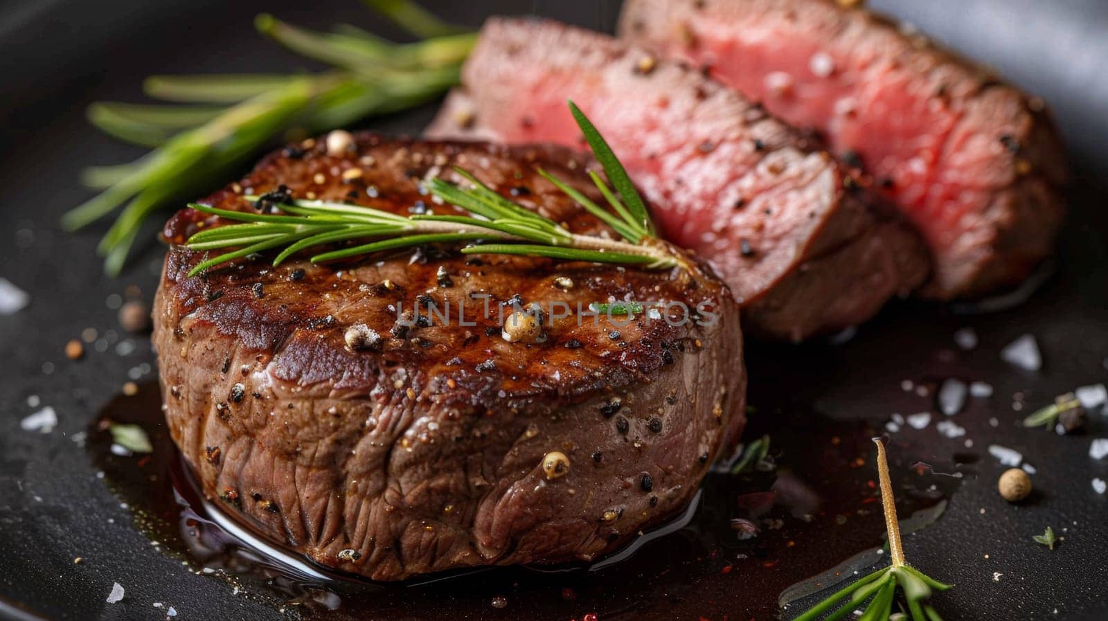 A close up of a steak with rosemary and pepper on it