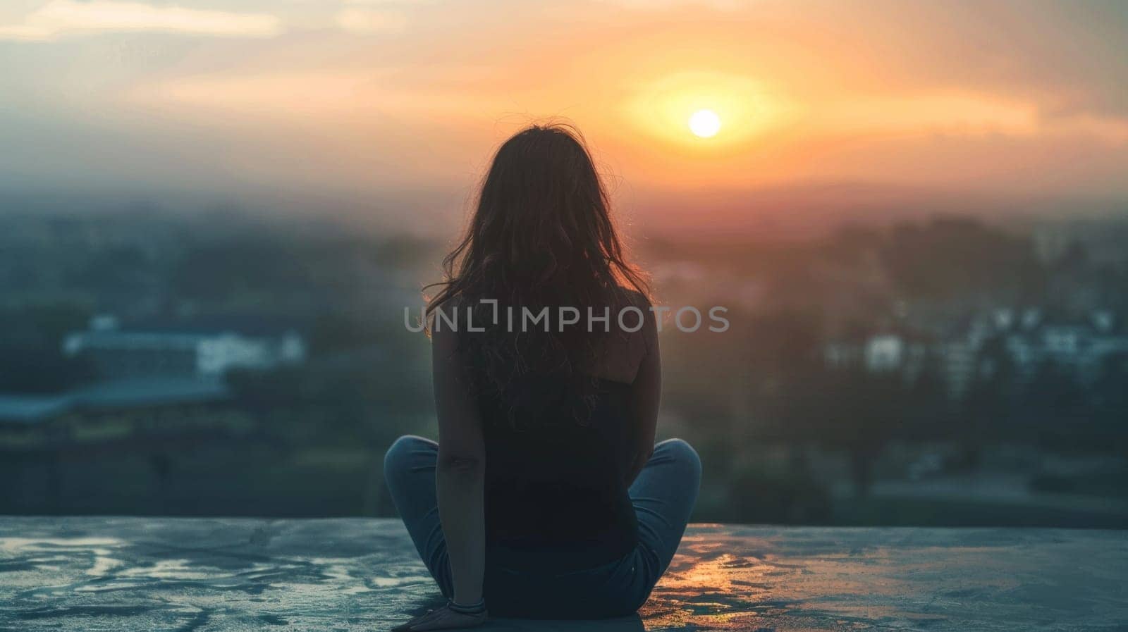 A woman sitting on a ledge looking at the sunset