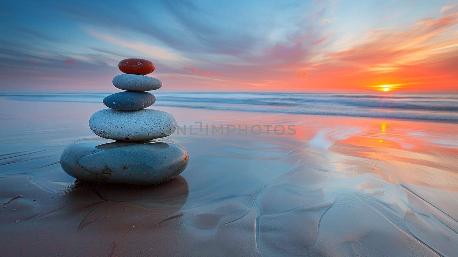 A stack of stones on the beach at sunset