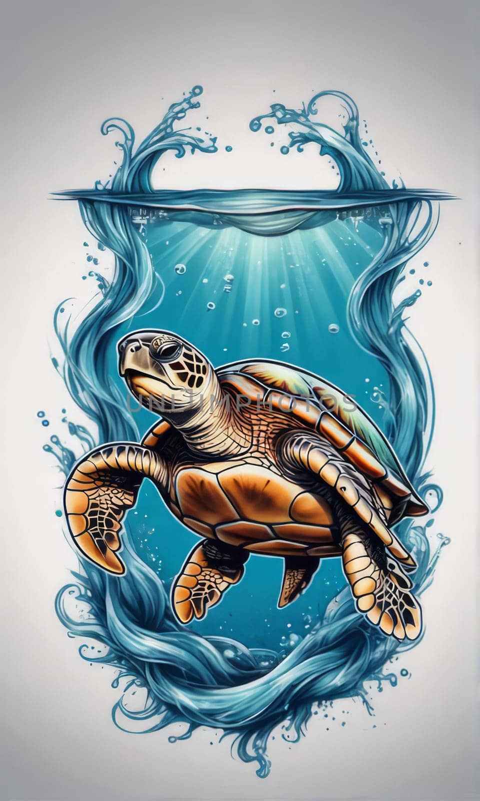 Vibrant sea turtle elegantly maneuvering its way through shimmering azure ocean depths, showcasing beauty, tranquility of marine life in its natural habitat. For fashion,clothing design, Tshirt design by Angelsmoon