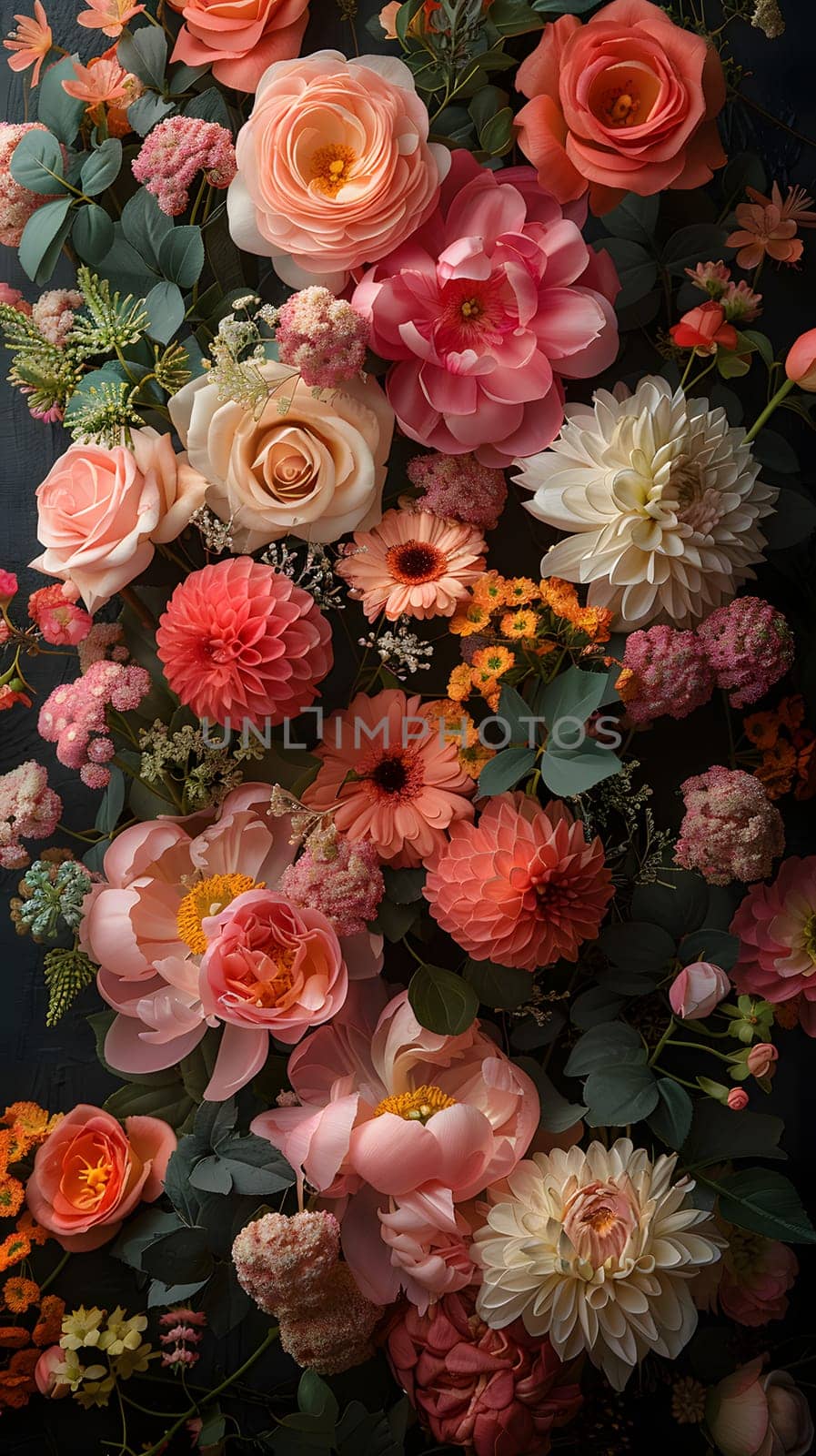 Various flowers including pink hybrid tea roses in this picture by Nadtochiy
