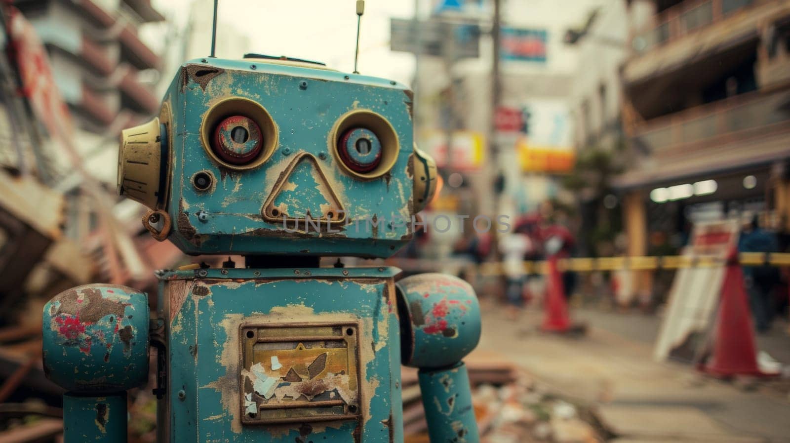 A blue robot with big eyes standing in a city street