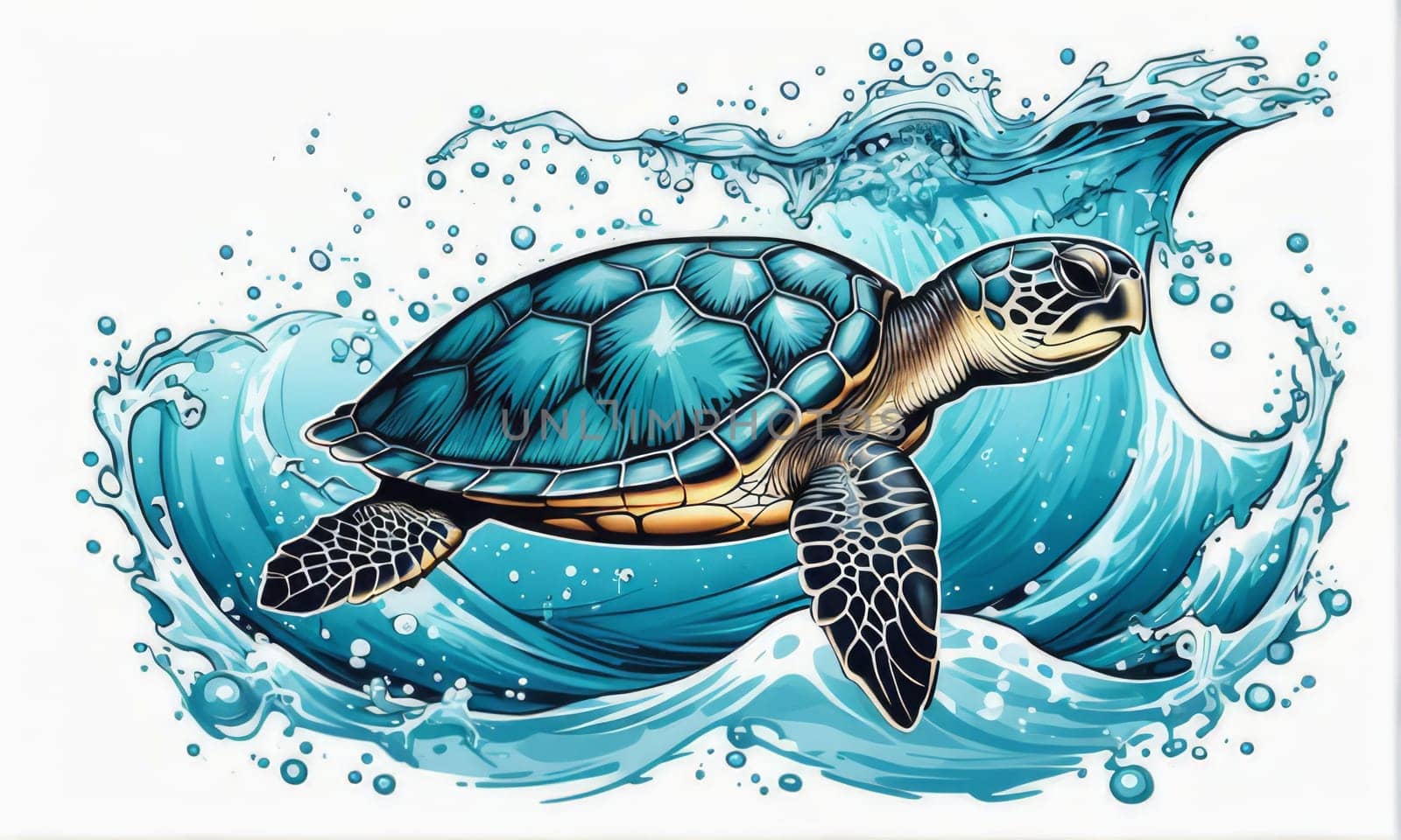 Turtle gracefully swimming in water. For educational materials for kids, game design, animated movies, tourism, stationery, Tshirt design, posters, postcards, childrens books