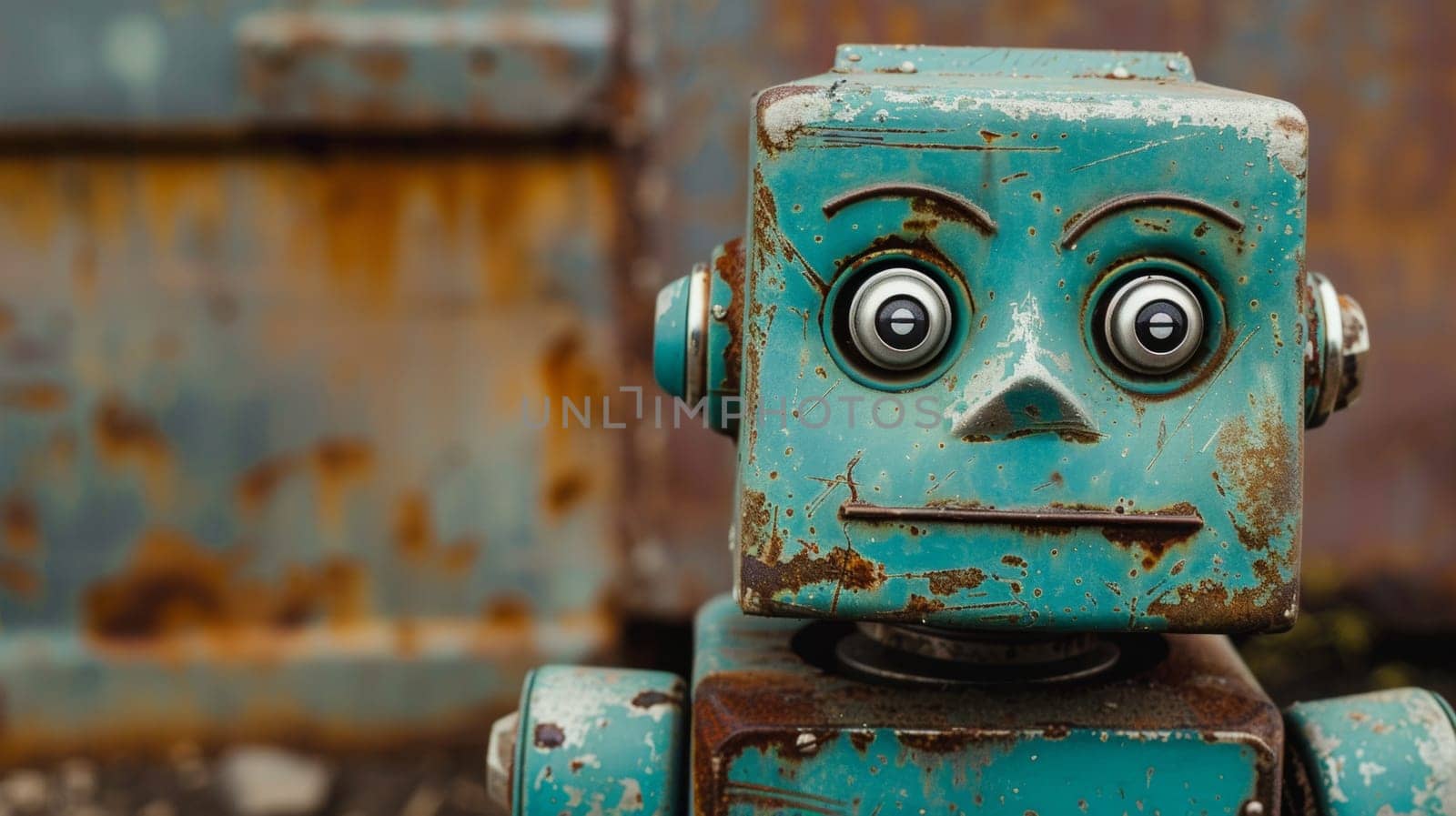 A close up of a blue robot with big eyes and no mouth