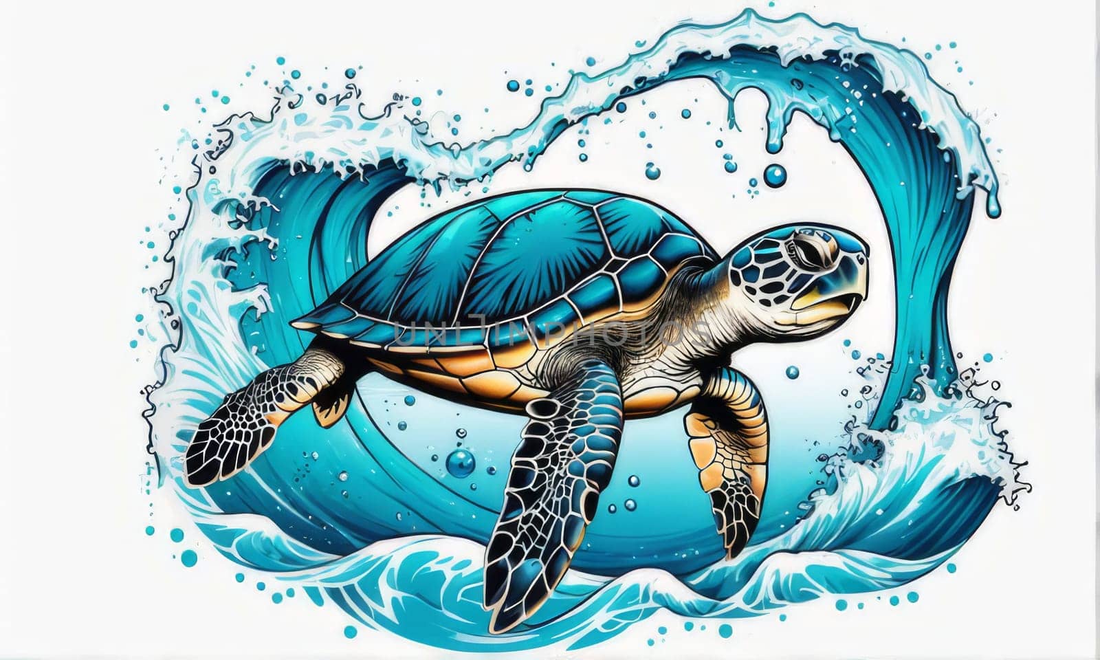 Turtle moves gracefully through water, its movements fluid, effortless. For fashion, clothing design, animal themed clothing advertising, as illustration for interesting clothing style, Tshirt design